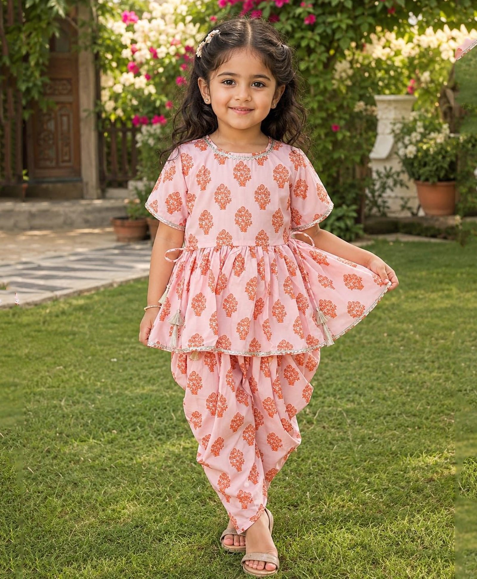 Saka Designs By Sapna Woven Half Sleeves Floral Motifs Printed Coordinating Dhoti & Kurti Set - Peach-picture-24