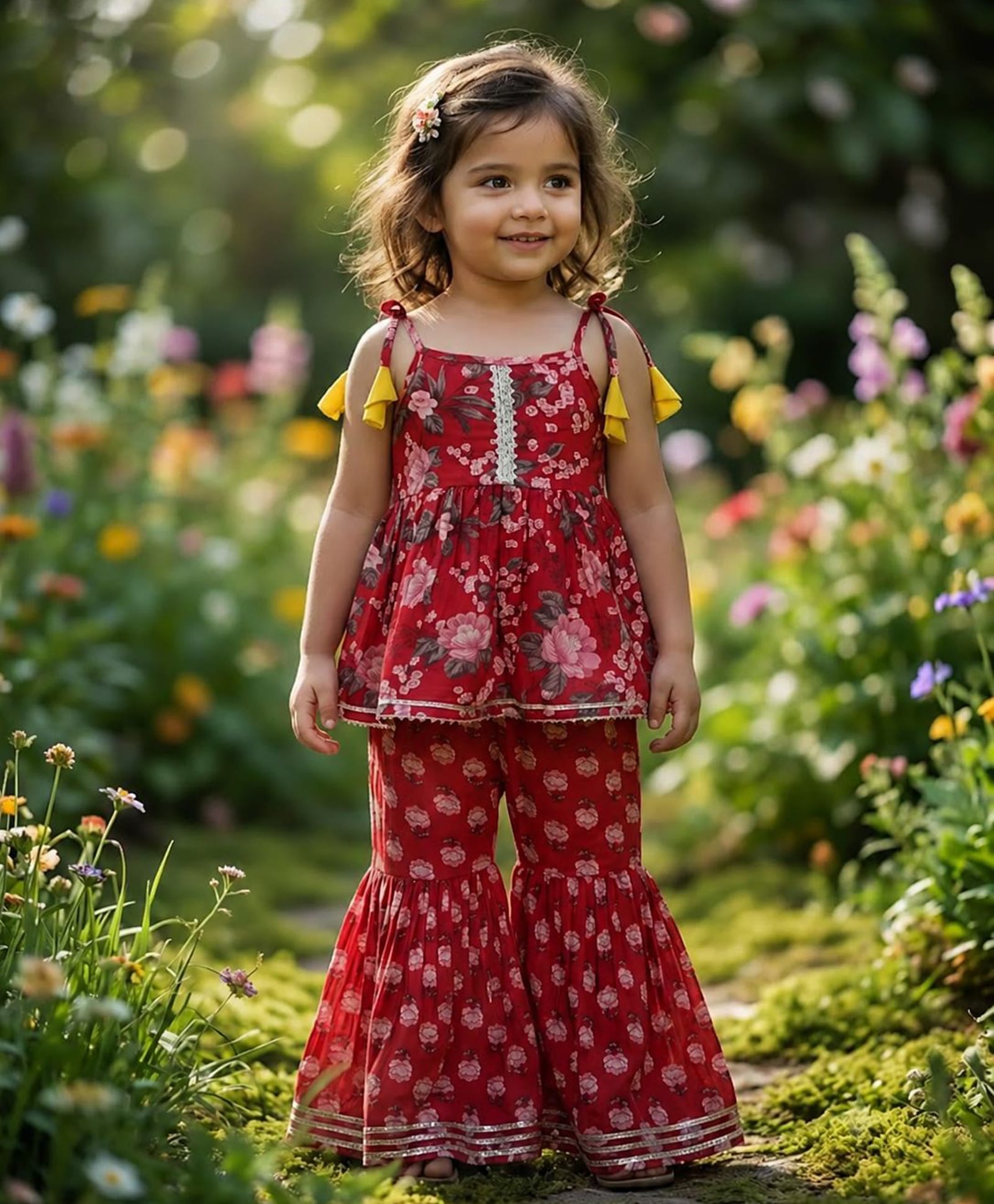 Saka Designs By Sapna Pure Cotton Woven Sleeveless Gota Lace Embellished & Floral Printed Kurti & Sharara Set - Red-picture-11