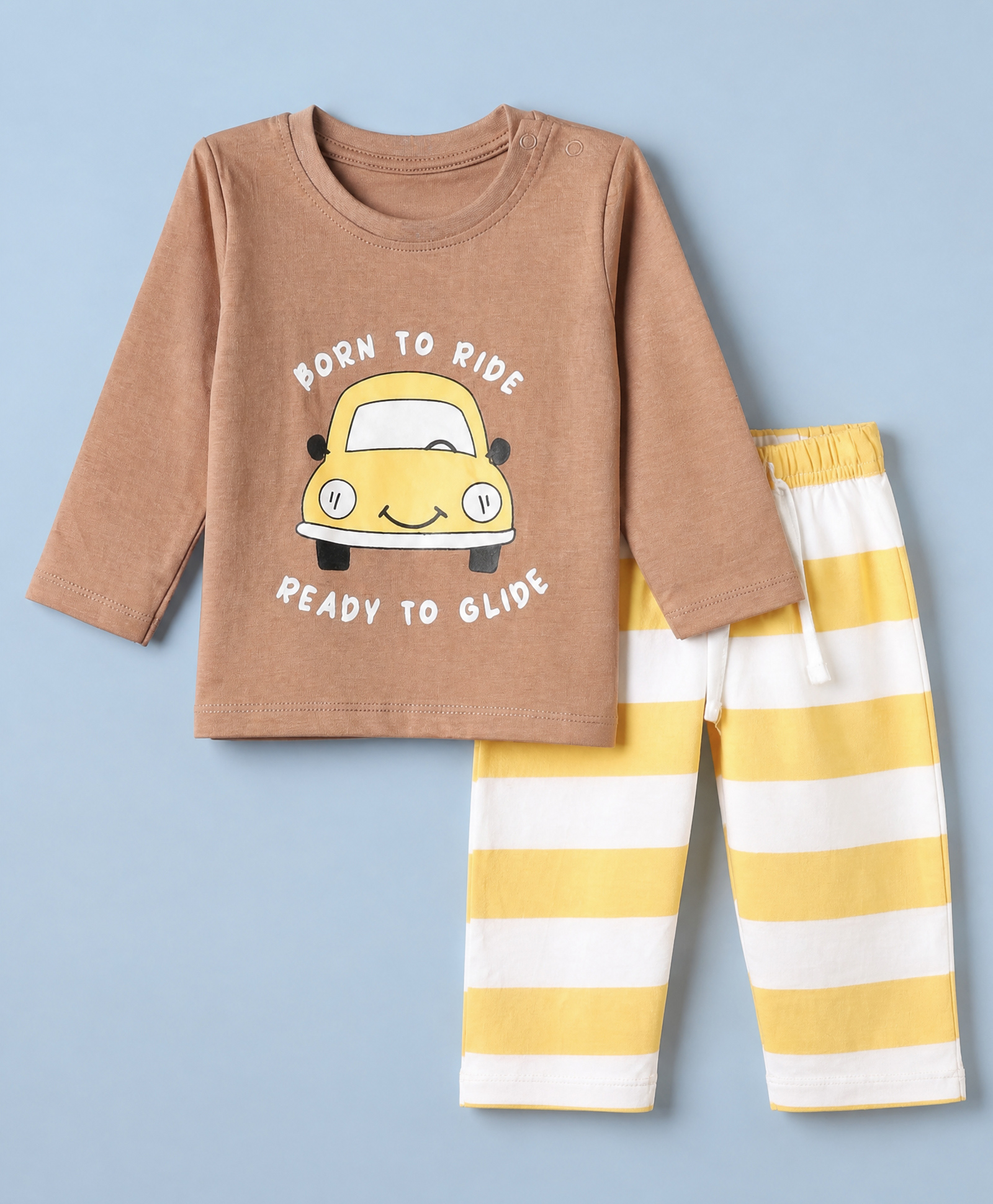Doodle Poodle 100% Cotton Single Jersey Knit Full Sleeves T-Shirt & Striped Pyjama Night Suit with Car Print - Brown-picture-0