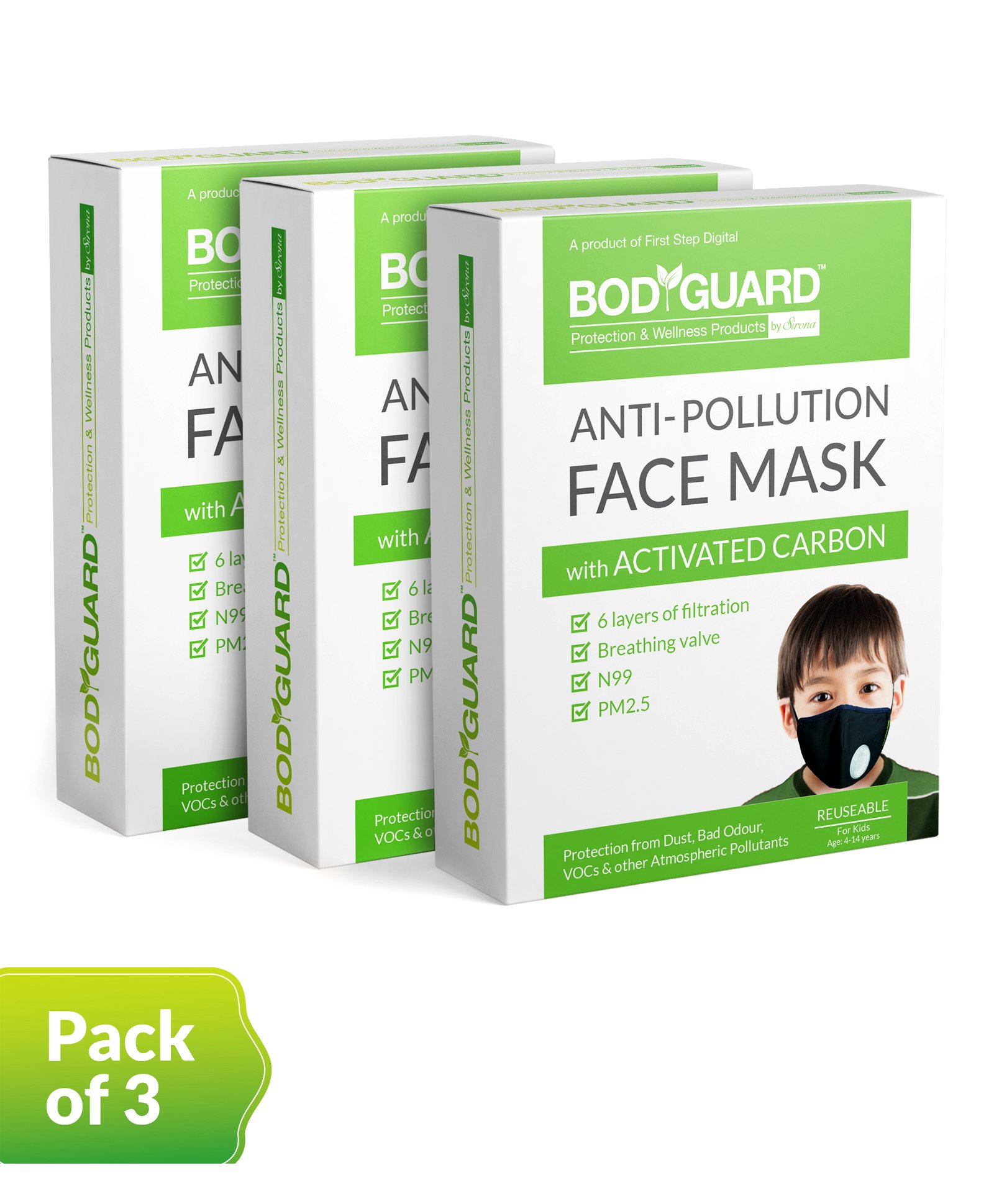BodyGuard Small N99 + PM2.5 Anti Pollution Face Mask with 6 Layer Protection Activated Carbon Pack of 3 - Black-image-27