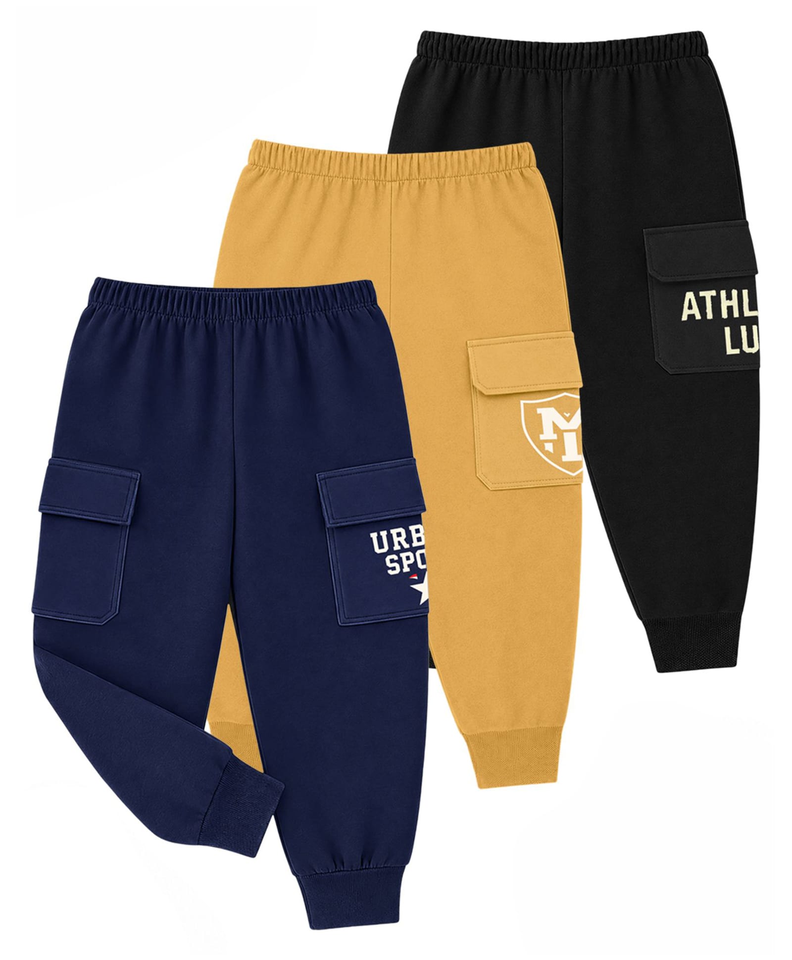KUCHIPOO Cotton Blend Knit Pack Of 3 Typography Printed Joggers - Navy Blue Mustard Yellow & Black-picture-47