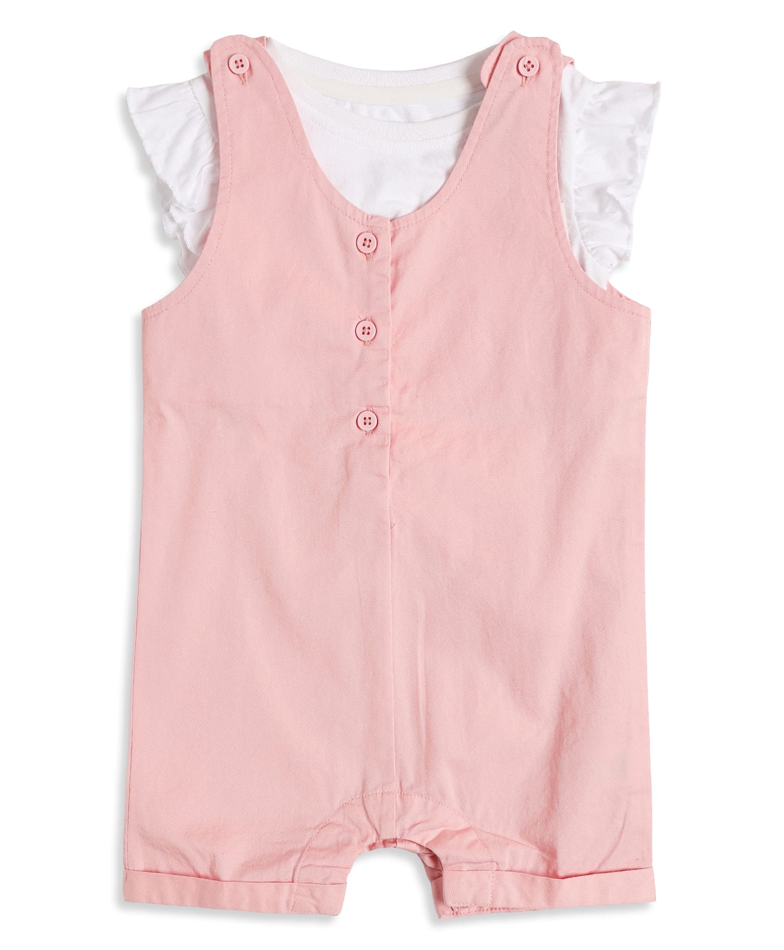 MINI KLUB Cotton Woven Half Sleeves Solid Romper Style Dungaree With Tee - White & Pink-picture-43