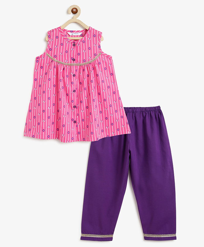 Campana 100% Cotton Woven Sleeveless Striped & Floral Printed Kurti & Pants Set - Pink & Purple-picture-25