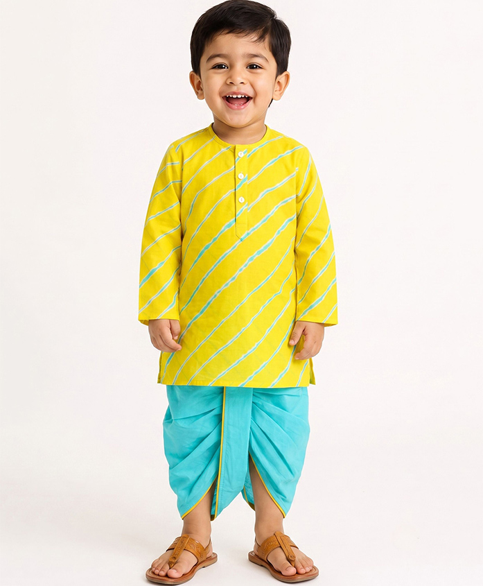 Campana 100% Cotton Woven Full Sleeves Leheriya Printed Kurta & Dhoti Set - Yellow & Turquoise-picture-38