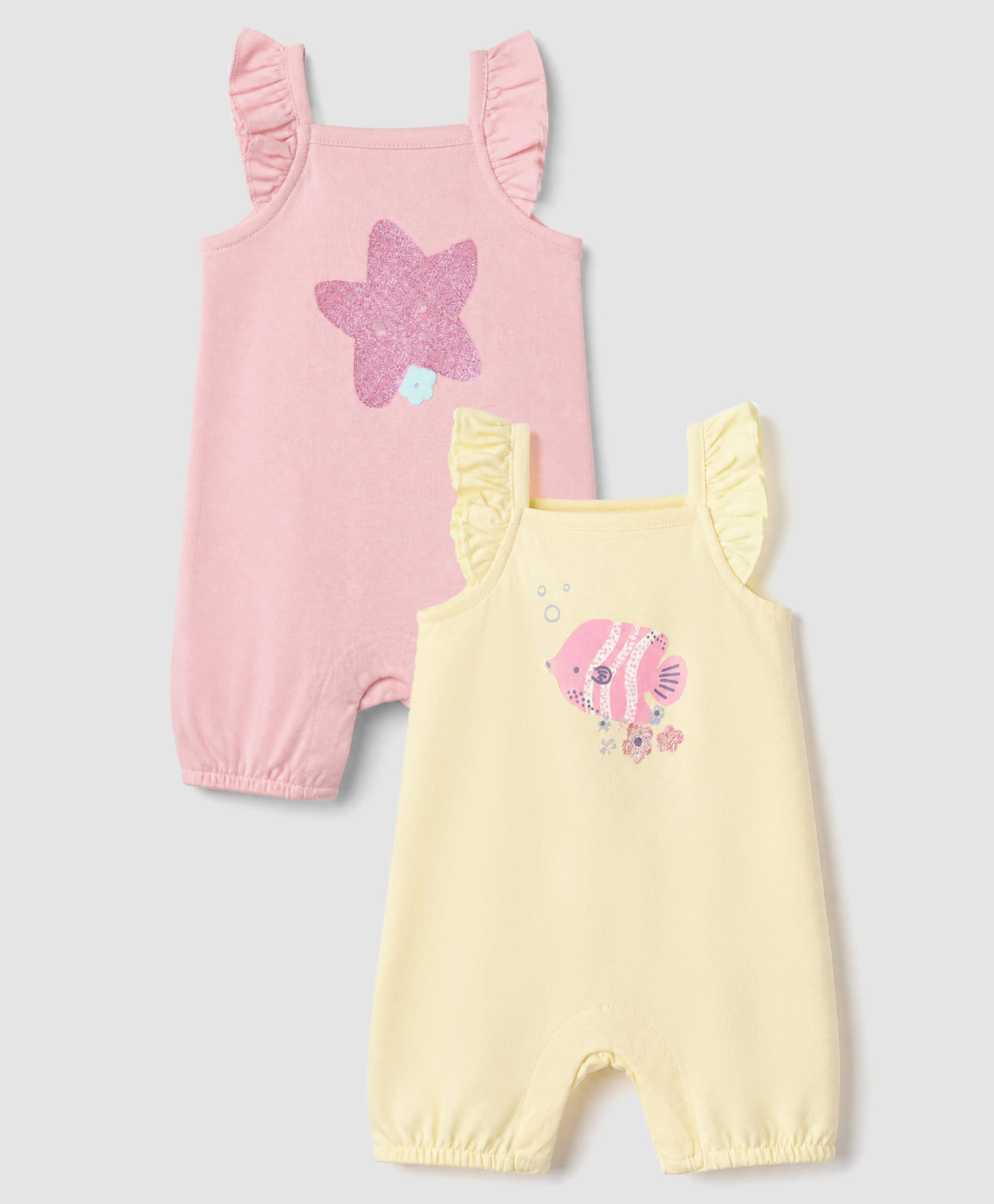 Mothercare 100% Cotton Woven-Knit Sleeveless Full Length Rompers With Frill Sleeves and Star Print Pack of 2 - Yellow-picture-37
