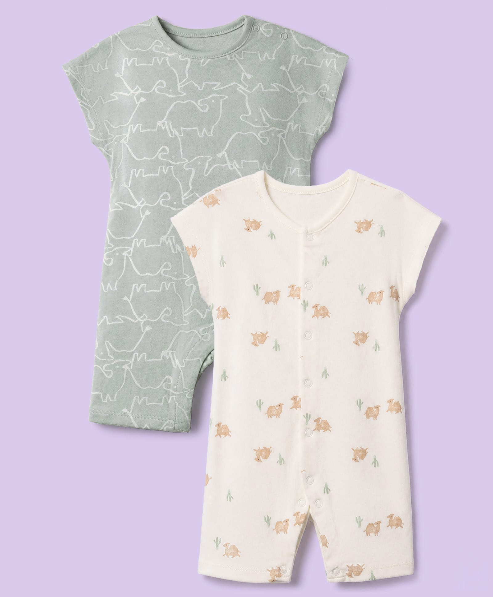 Mothercare 100% Cotton Woven-Knit Half Sleeves Full Length Rompers With Camel Print Pack of 2 - Blue & Yellow-picture-35