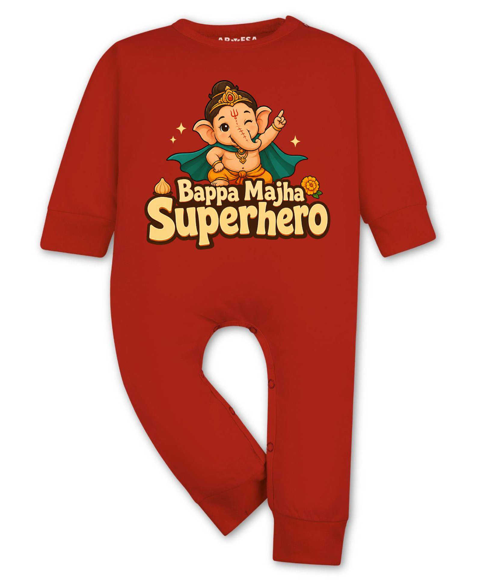 Arvesa Cotton Knit Ganesh Chaturthi Theme Full Sleeves Superhero Text Printed Romper - Red-picture-8