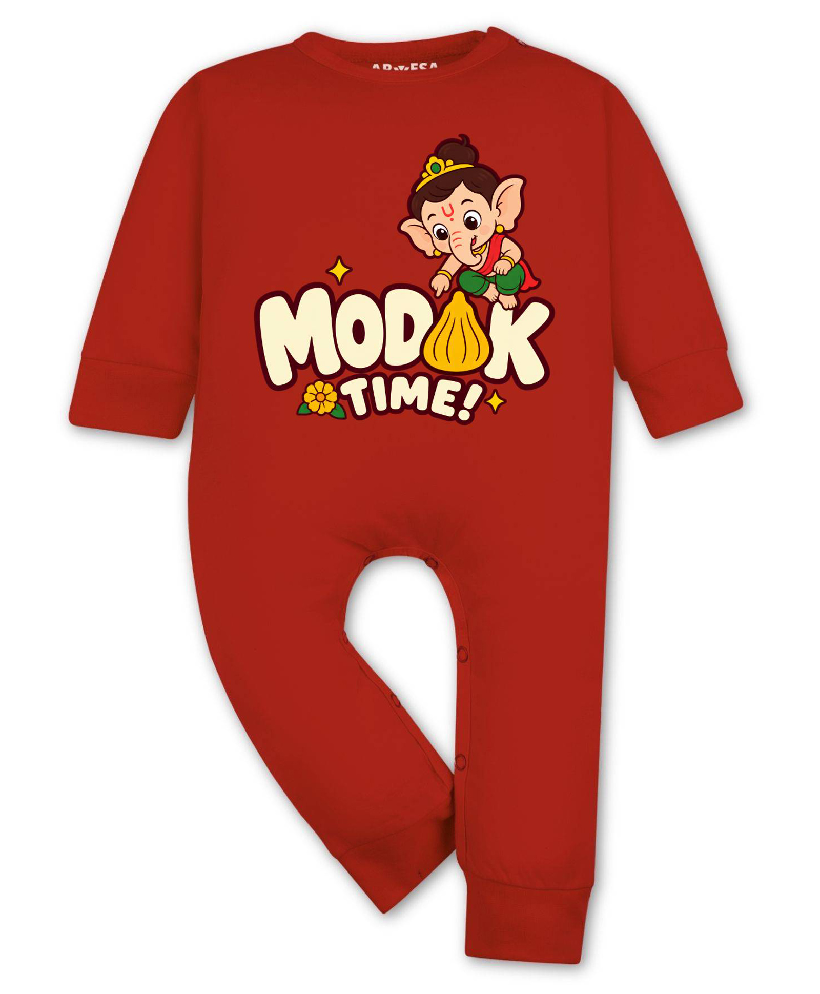 Arvesa Cotton Knit Ganesh Chaturthi Theme Full Sleeves Modak Text Printed Romper - Red-picture-12