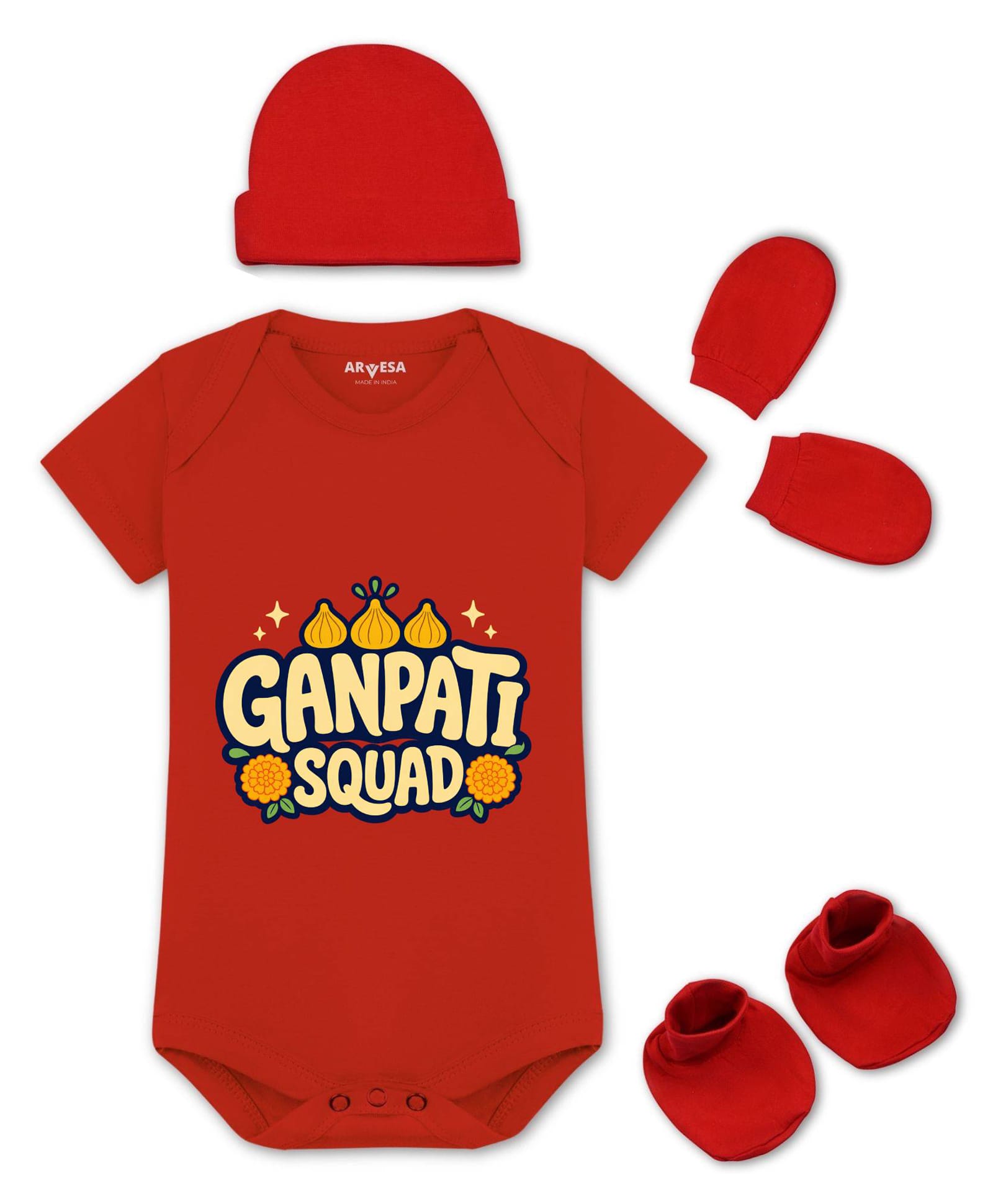 Arvesa Cotton Knit Ganesh Chaturthi Theme Half Sleeves Ganpati Sqaud Text Printed Onesie With Cap Mittens & Booties Set - Red-picture-28