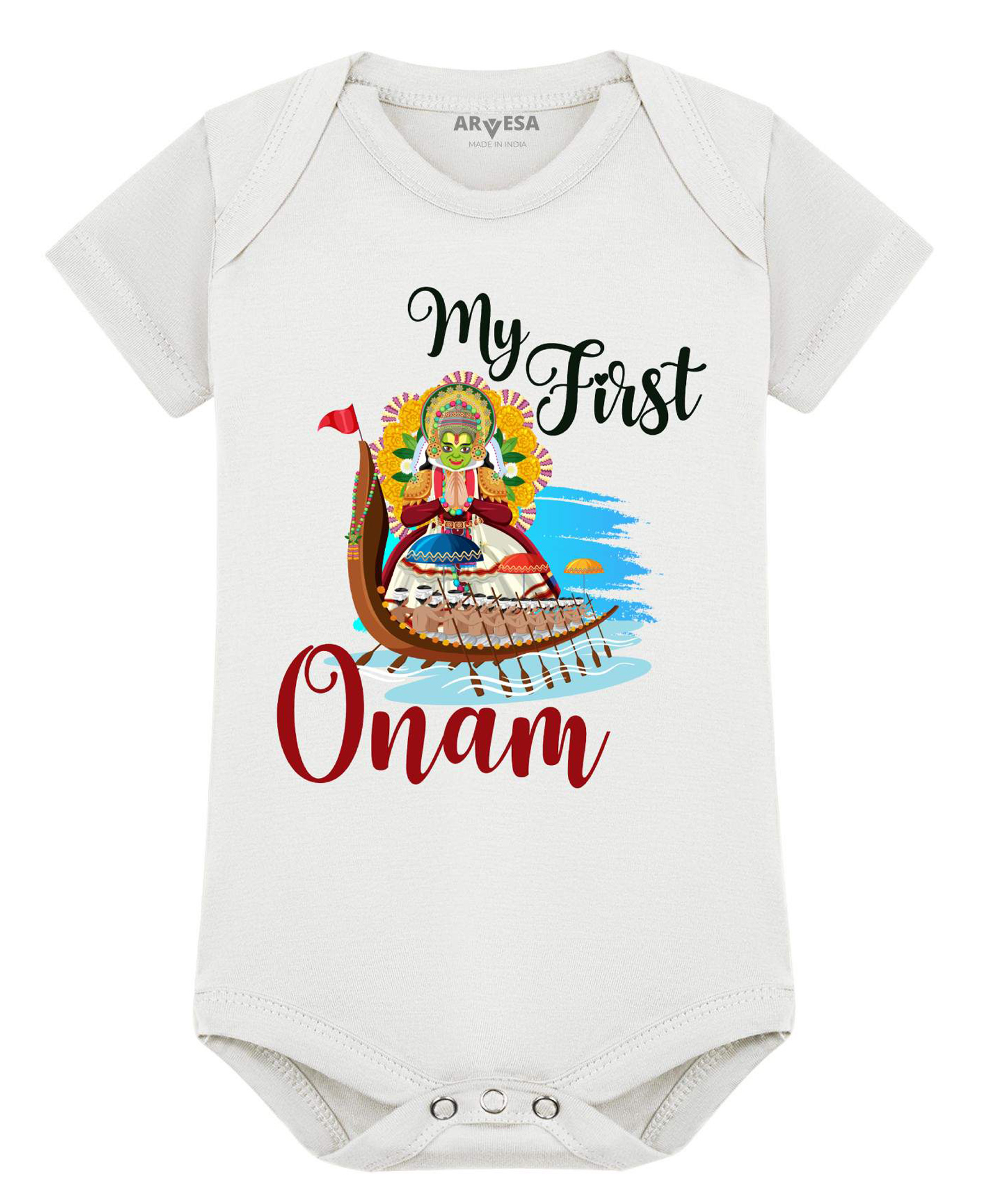 Arvesa Cotton Blend Knit Onam Theme Half Sleeves My First Onam Text Printed Onesie - White-picture-30