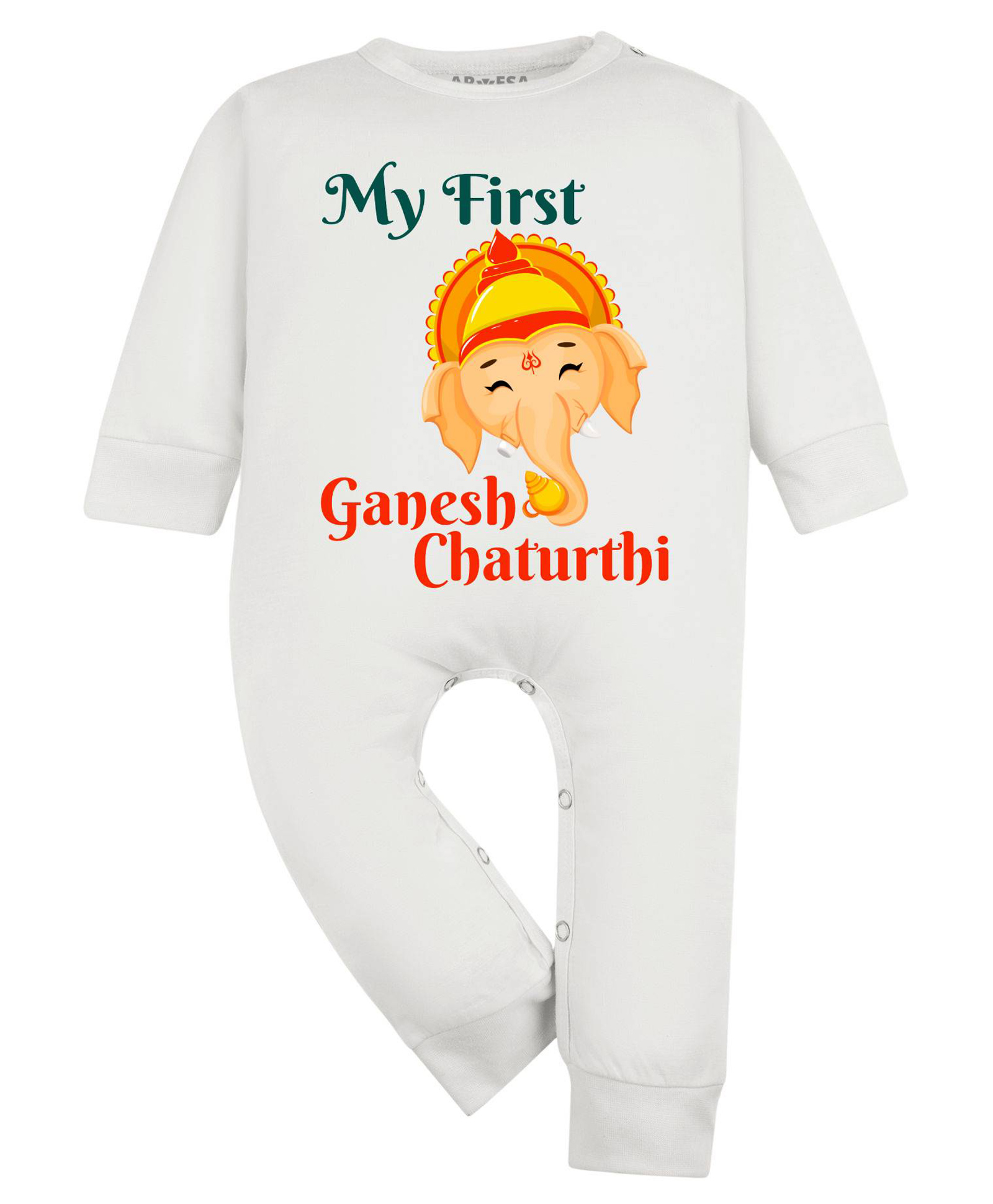 Arvesa Cotton Blend Knit Ganesh Chaturthi Theme Full Sleeves My First Ganesh Chaturthi Text Printed Romper - Classic White-picture-39