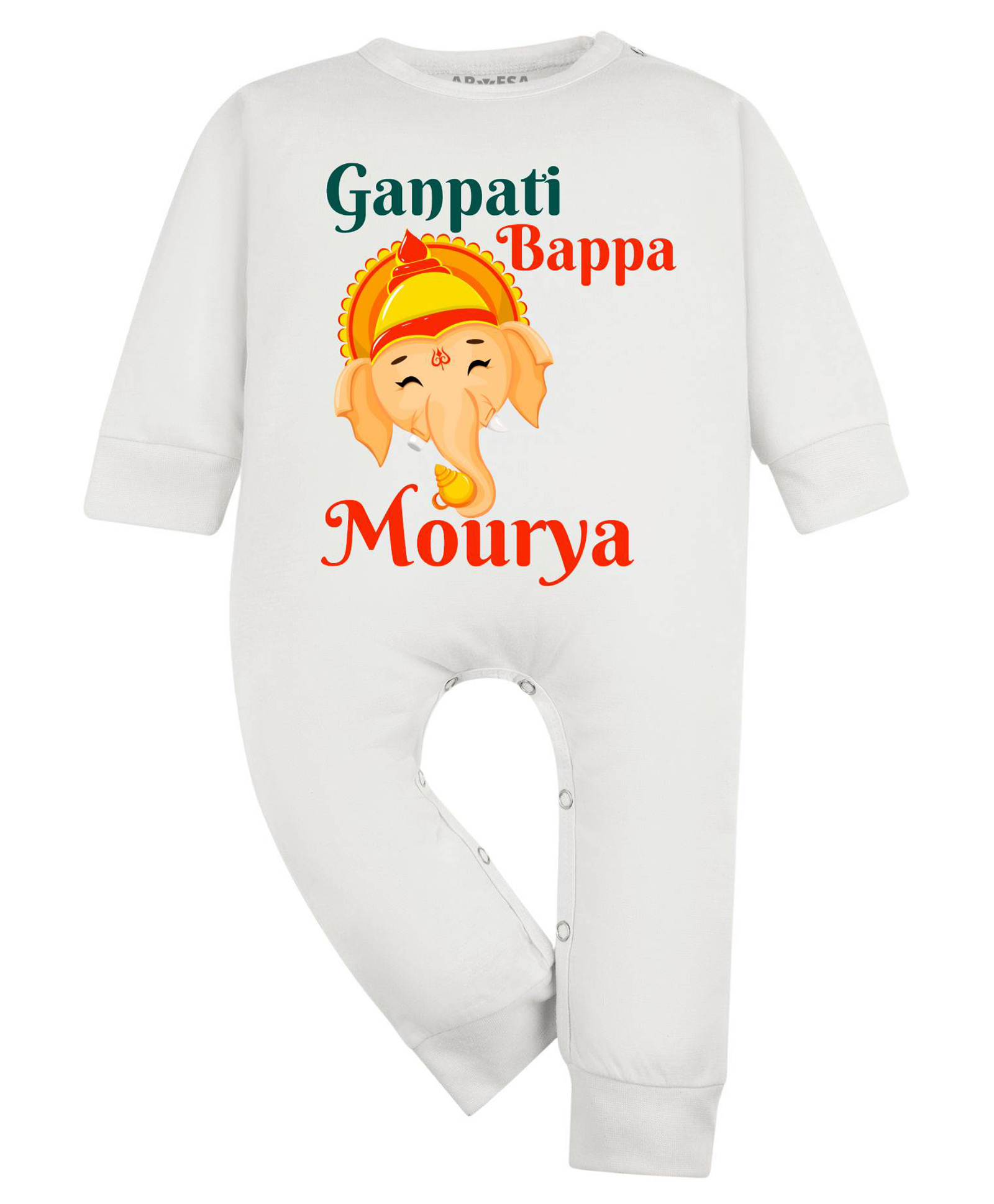 Arvesa Cotton Blend Knit Ganesh Chaturthi Theme Full Sleeves Ganpati Bappa Morya Text Printed Romper - Classic White-picture-11
