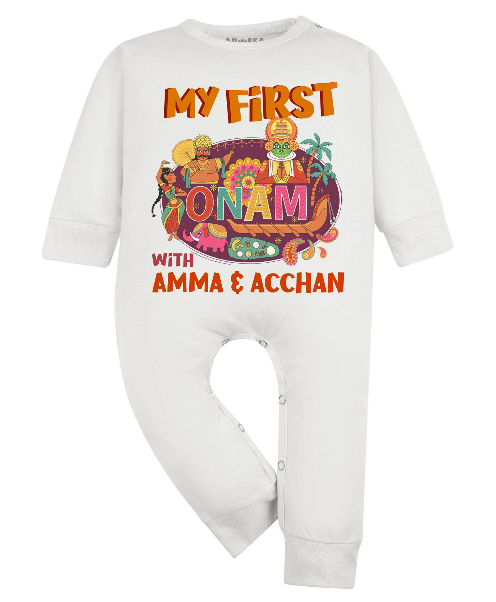 Arvesa Cotton Blend Knit Onam Theme Full Sleeves My First Onam With Amma & Acchan Text Printed Romper - Classic White-picture-16