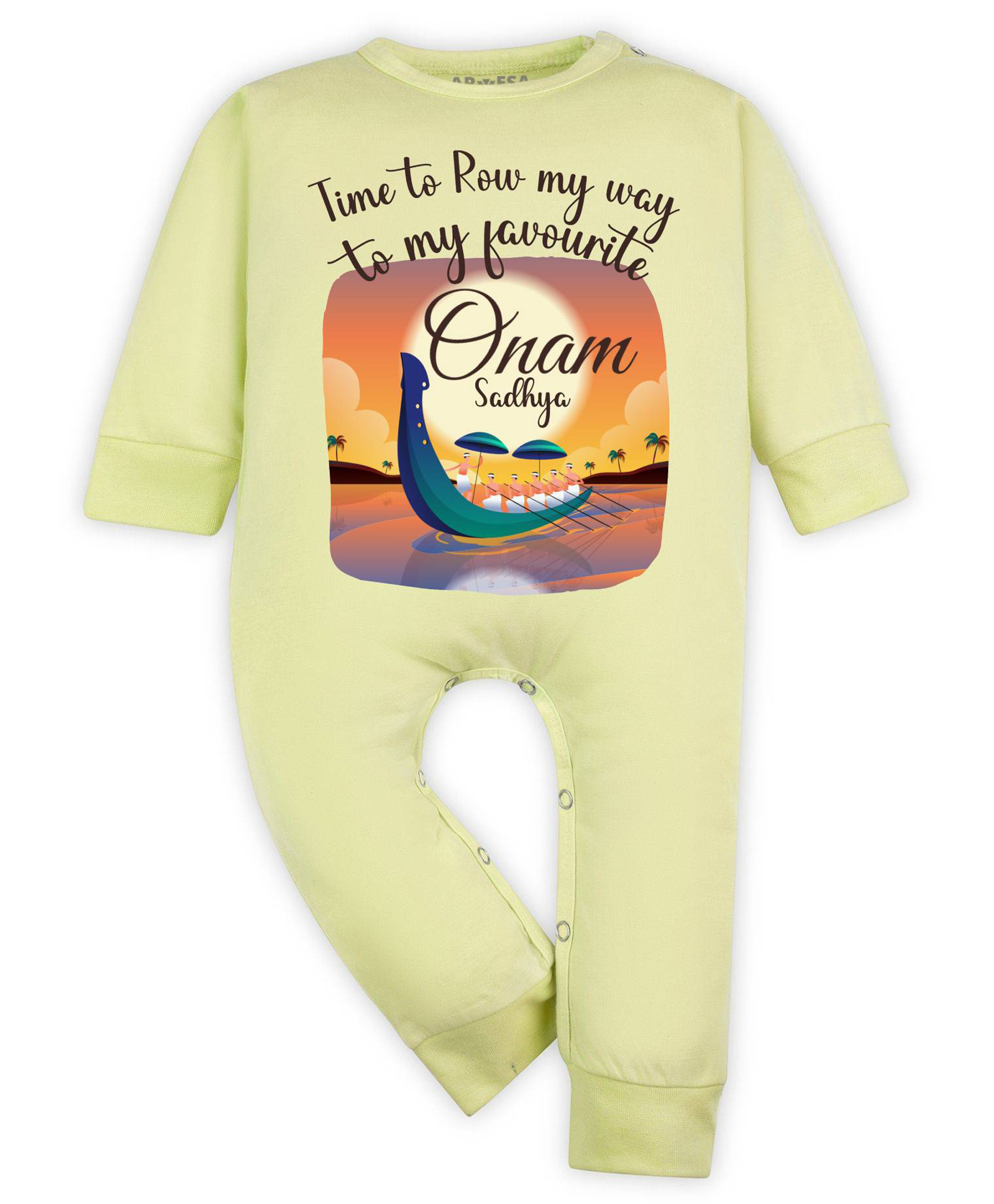 Arvesa Cotton Blend Knit Onam Theme Full Sleeves Time To Row My Way To Favourite Onam Sadhya Text Printed Romper - Yellow-picture-18