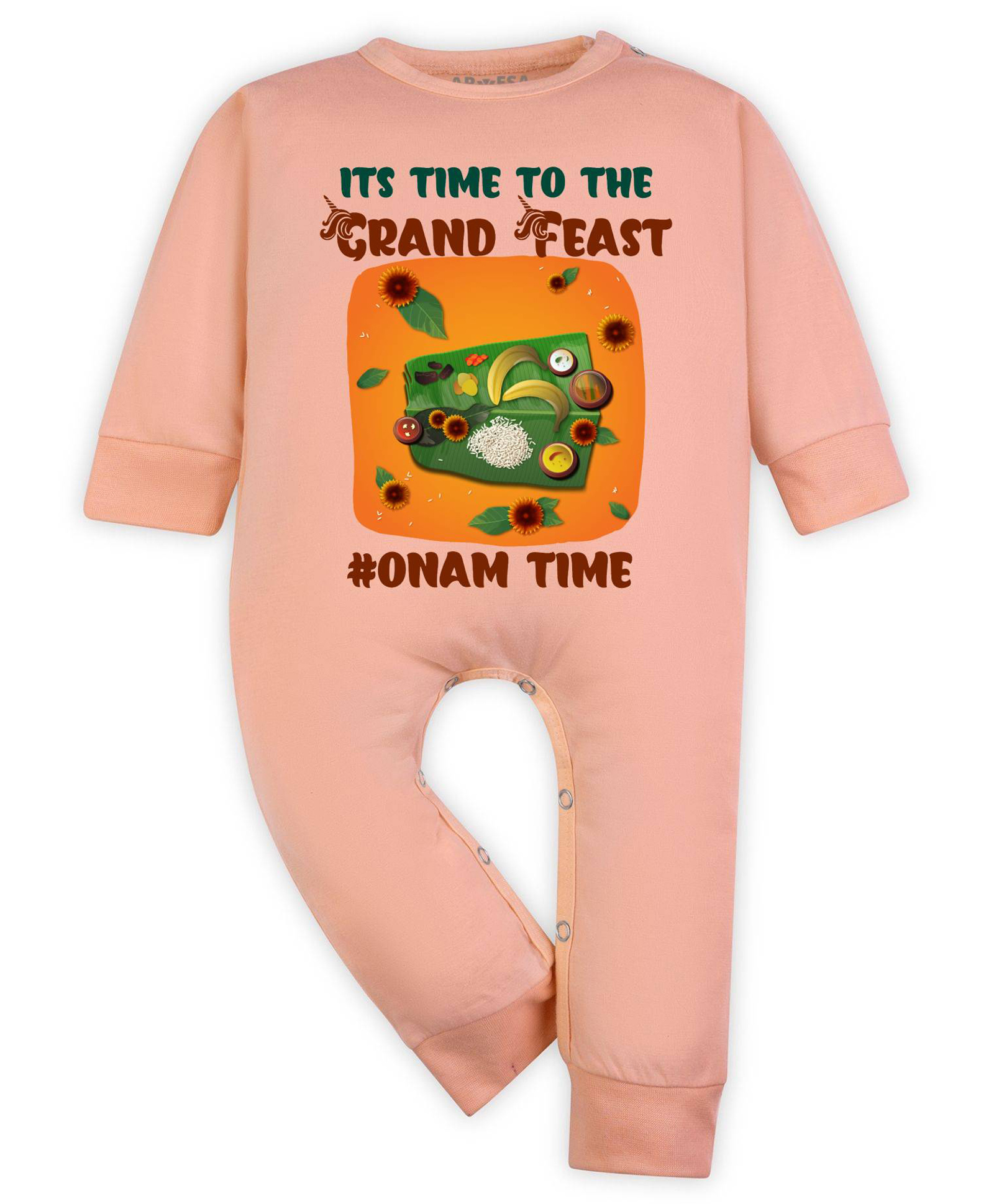 Arvesa Cotton Blend Knit Onam Theme Full Sleeves Its Time To The Grand Feast Onam Time Text Printed Romper - Peach-picture-22