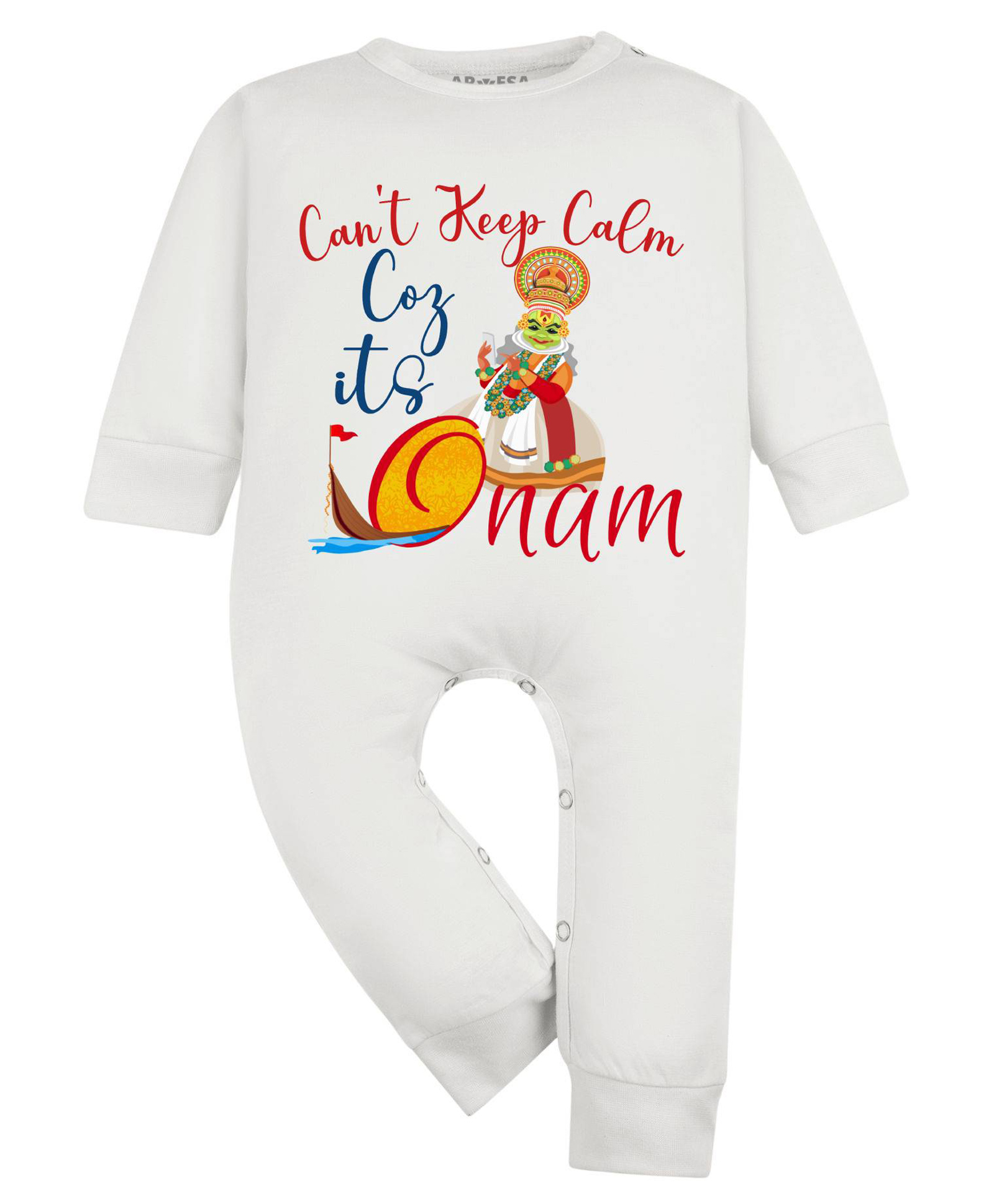 Arvesa Cotton Blend Knit Onam Theme Full Sleeves Cant Keep Calm Coz Its Onam Text Printed Romper - Classic White-picture-9