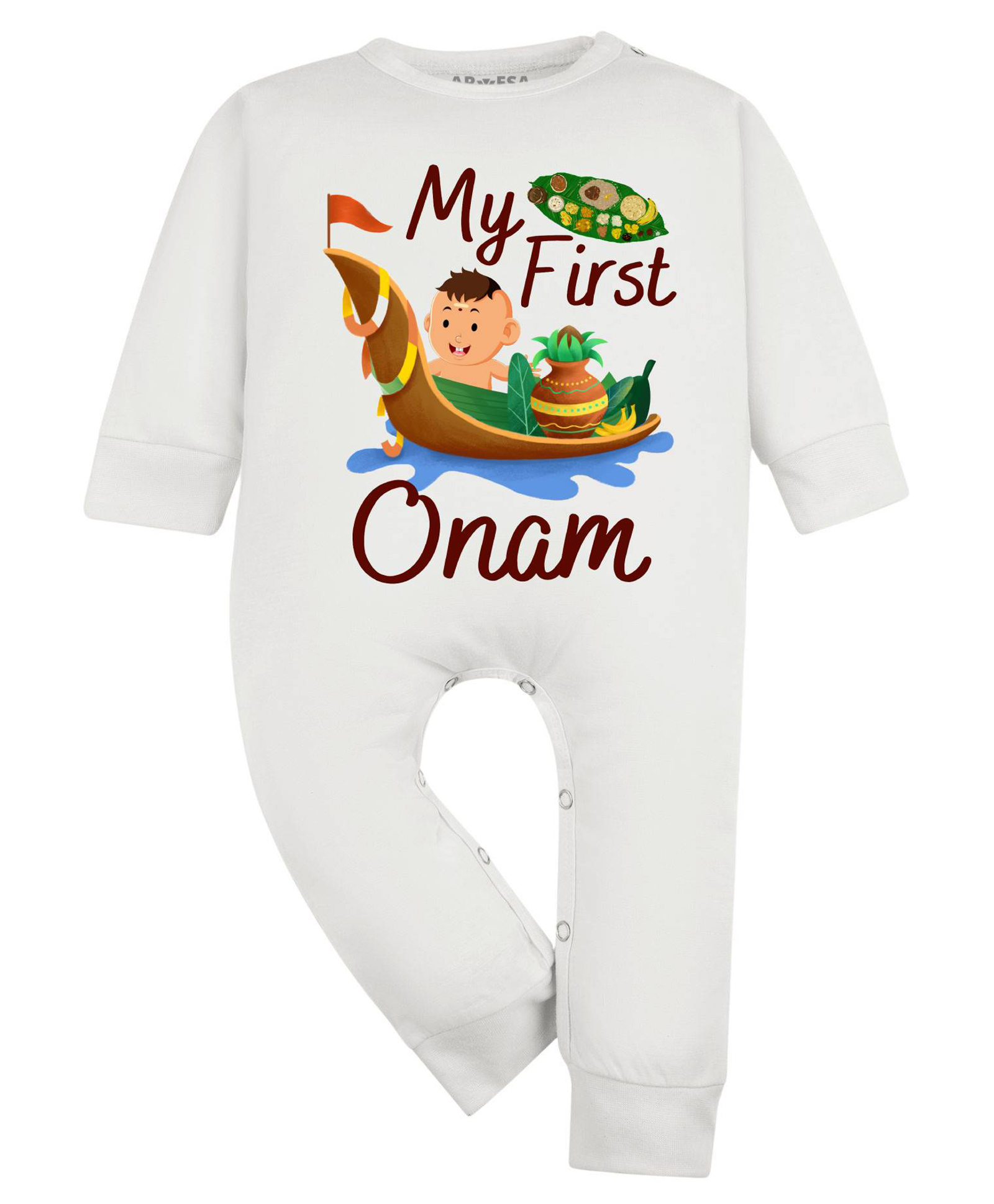 Arvesa Cotton Blend Knit Onam Theme Full Sleeves My First Onam Text Printed Romper - Classic White-picture-29