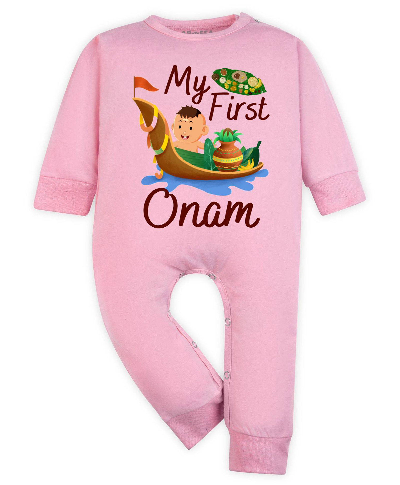Arvesa Cotton Blend Knit Onam Theme Full Sleeves My First Onam Text Printed Romper - Pink-picture-15