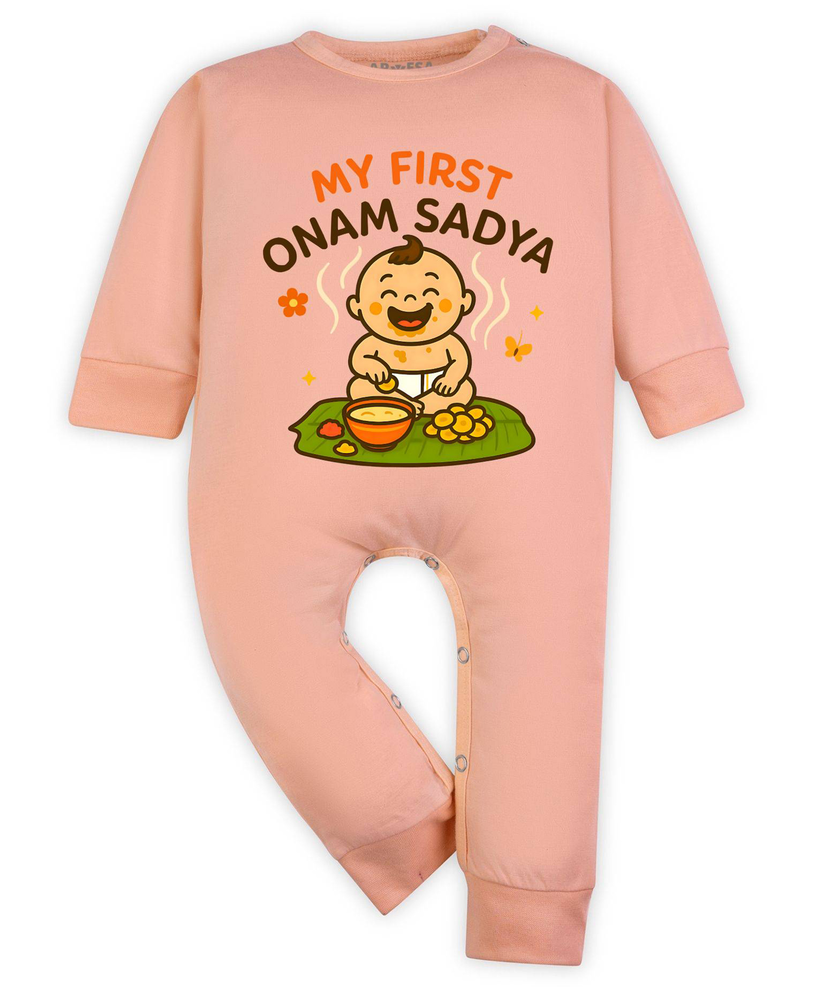 Arvesa Cotton Blend Knit Onam Theme Full Sleeves My First Onam Sadya Text Printed Romper - Peach-picture-36