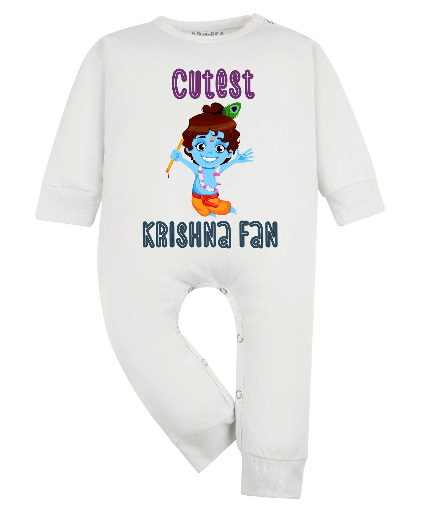Arvesa Cotton Blend Knit Janmashtami Theme Full Sleeves Cutest Krishna Fan Text Printed Romper - White-picture-48