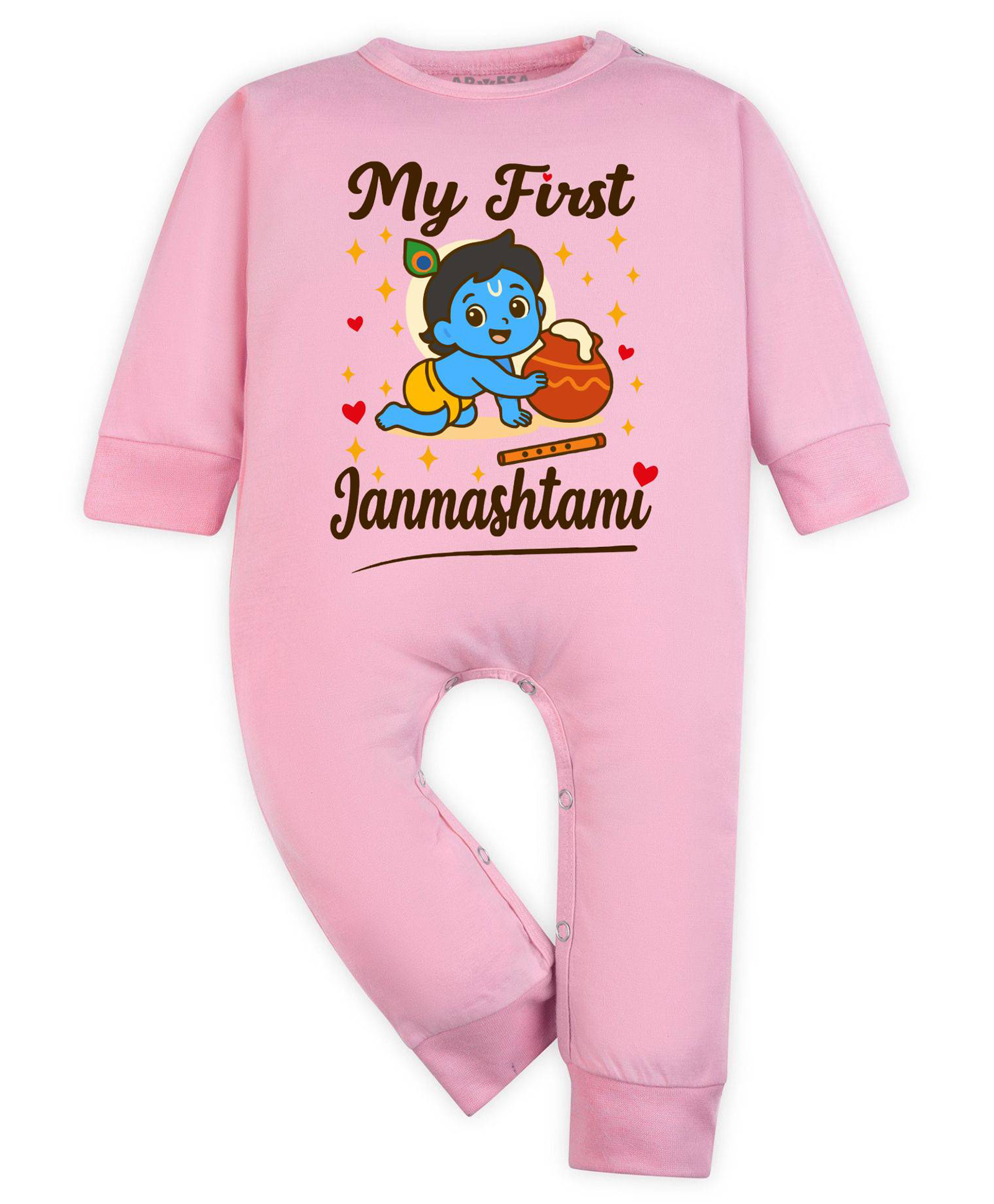 Arvesa Cotton Blend Knit Janmashtami Theme Full Sleeves My First Janmashtami Text Printed Romper - Pink-picture-42