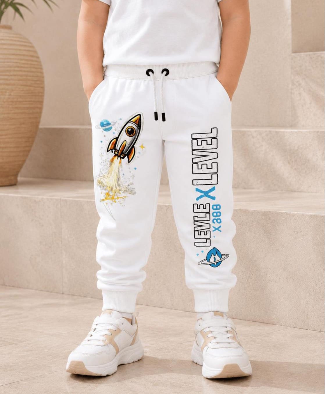 NUSYL Cotton Blend Knit Space Theme Printed Joggers - White-picture-4