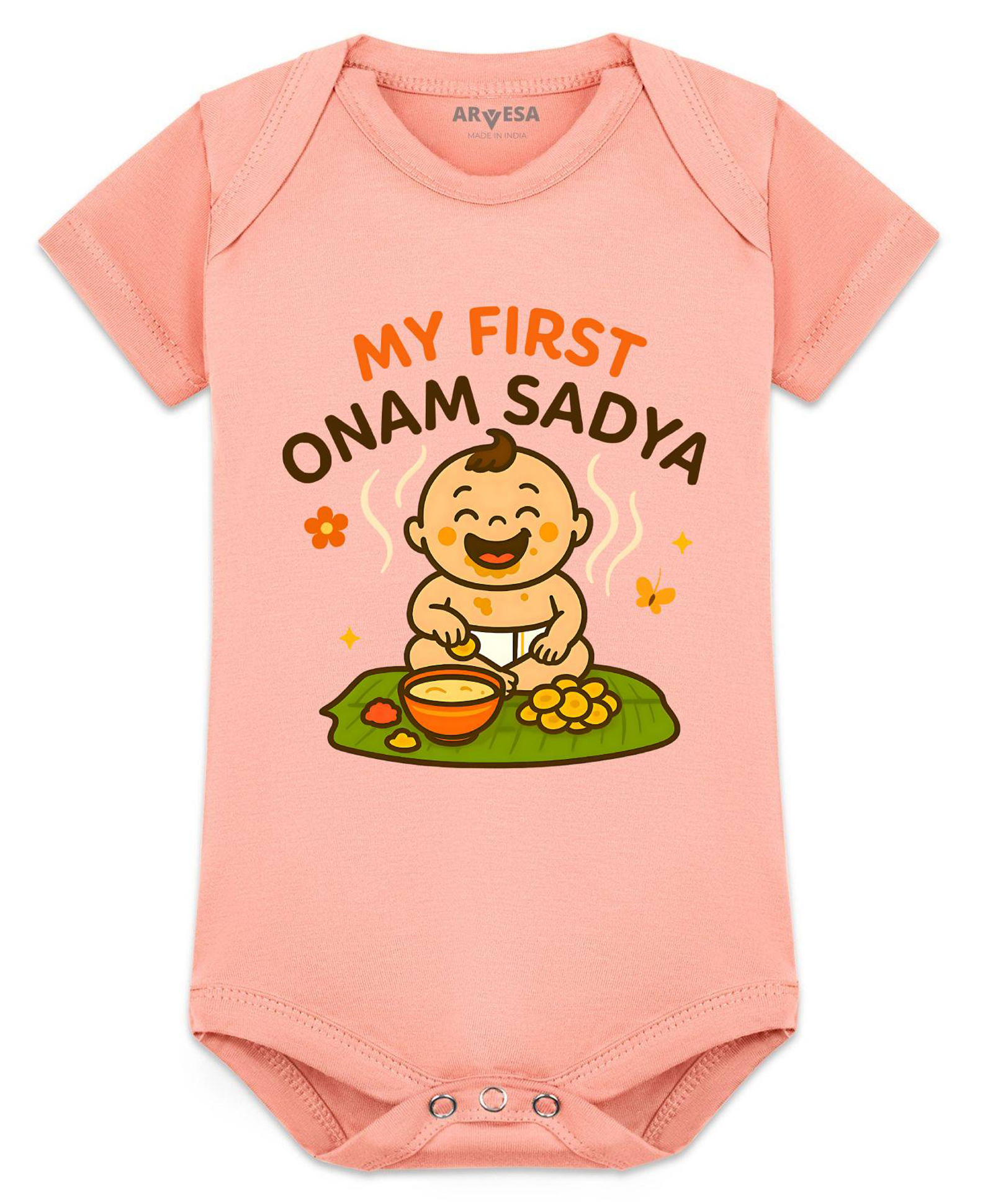 Arvesa Cotton Blend Knit Onam Theme Half Sleeves My First Onam Sadya Text Printed Onesie - Peach-picture-43