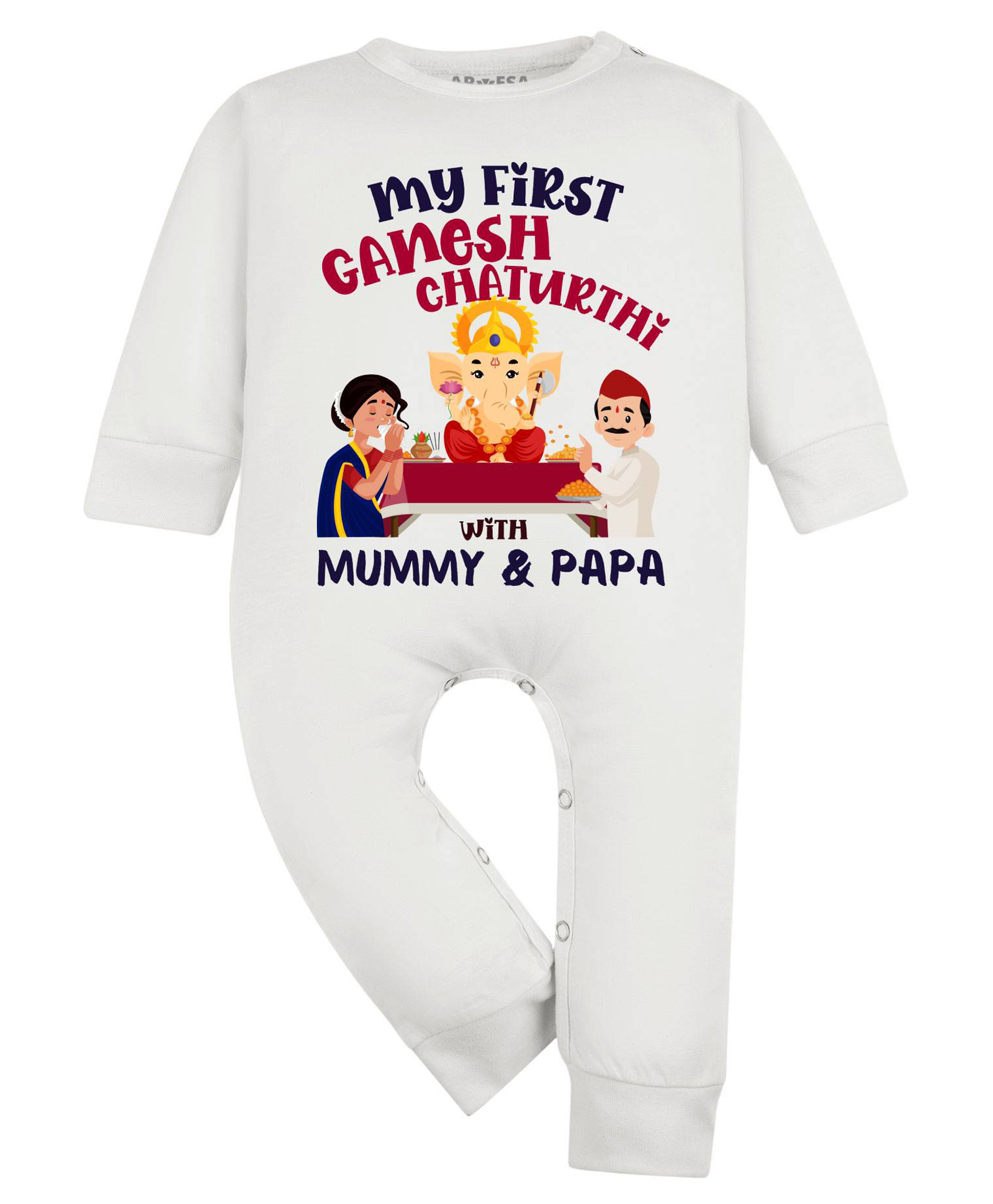 Arvesa Cotton Blend Knit Ganesh Chaturthi Theme Full Sleeves Ganesh Chaturti With Mummy Papa Text Printed Romper - Classic White-picture-46