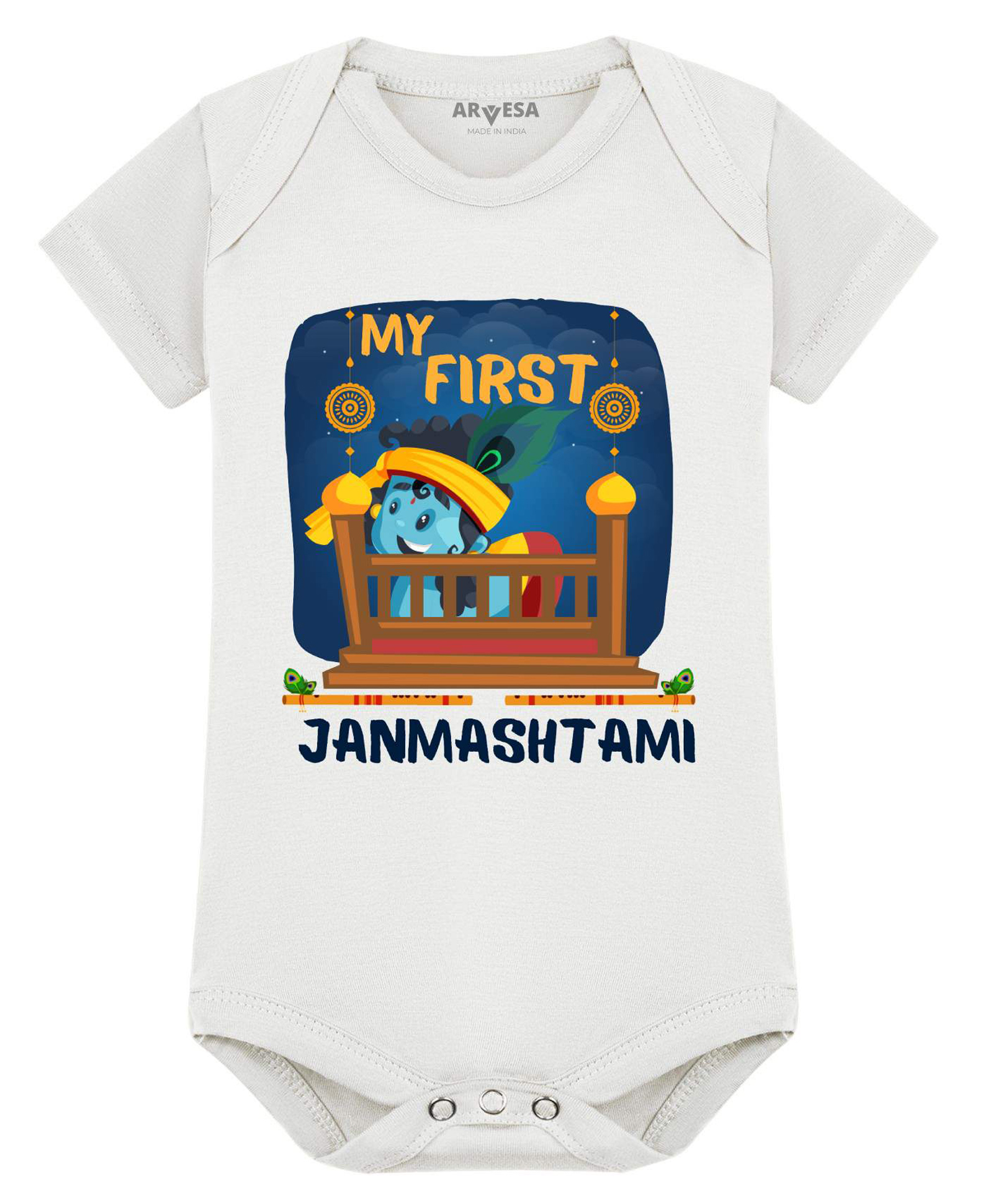 Arvesa Cotton Blend Knit Janmashtami Theme Half Sleeves My First Janmashtami Text Printed Onesie - White-picture-19