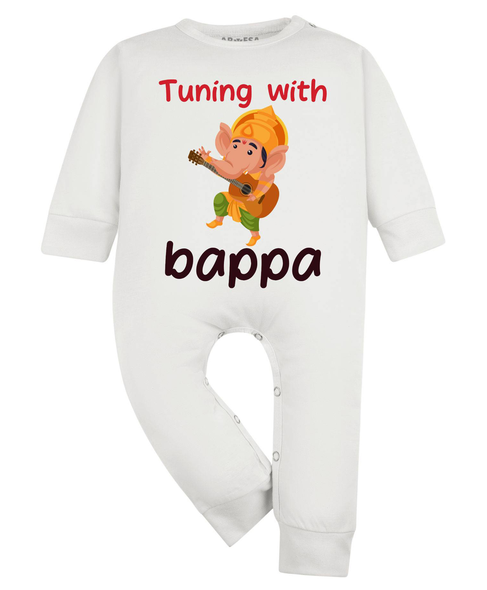 Arvesa Cotton Blend Knit Ganesh Chaturthi Theme Full Sleeves Tuning With Bappa Text Printed Romper - Classic White-picture-23