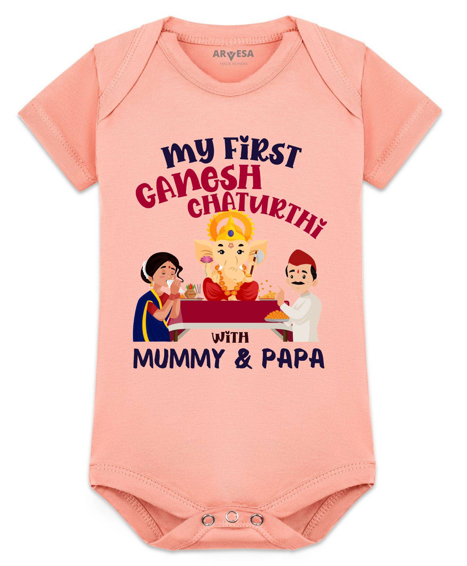 Arvesa Cotton Blend Knit Ganesh Chaturthi Theme Half Sleeves Ganesh Chaturthi With Mummy Papa Text Printed Onesie - Peach-picture-41