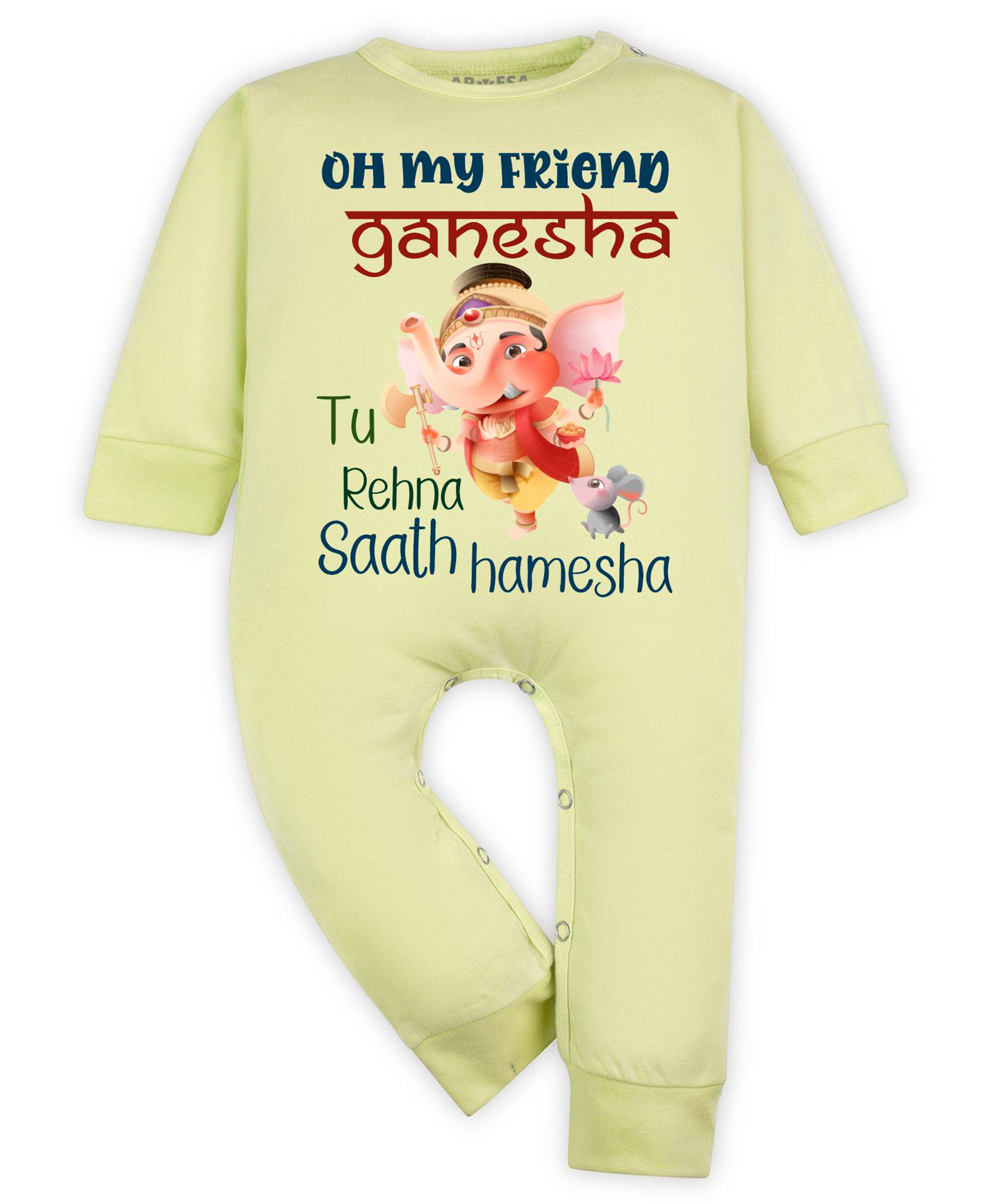 Arvesa Cotton Blend Knit Ganesh Chaturthi Theme Full Sleeves Oh My Friend Ganesha Text Printed Romper - Yellow-picture-31