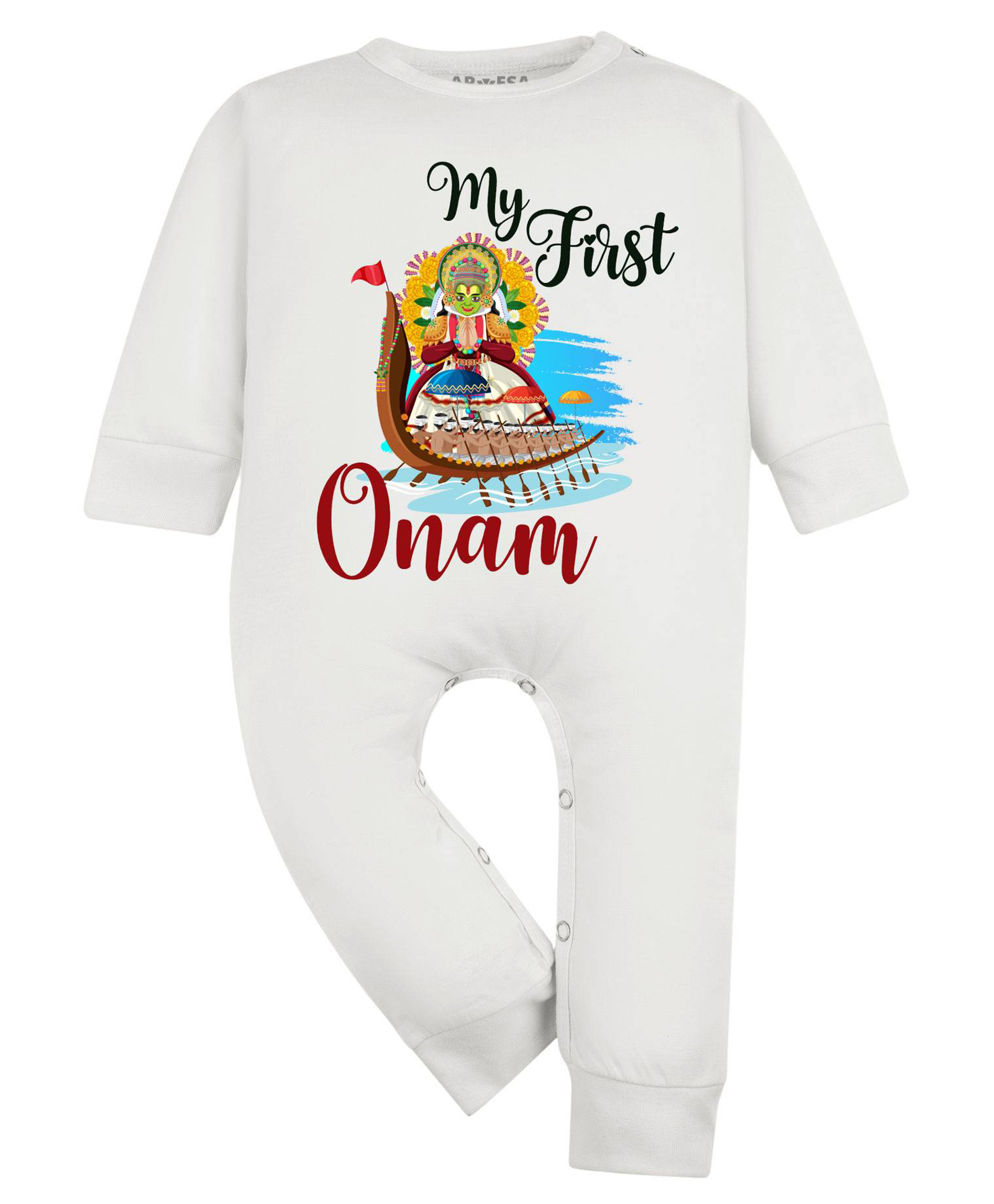 Arvesa Cotton Blend Knit Onam Theme Full Sleeves My First Onam Text Printed Romper - Classic White-picture-21
