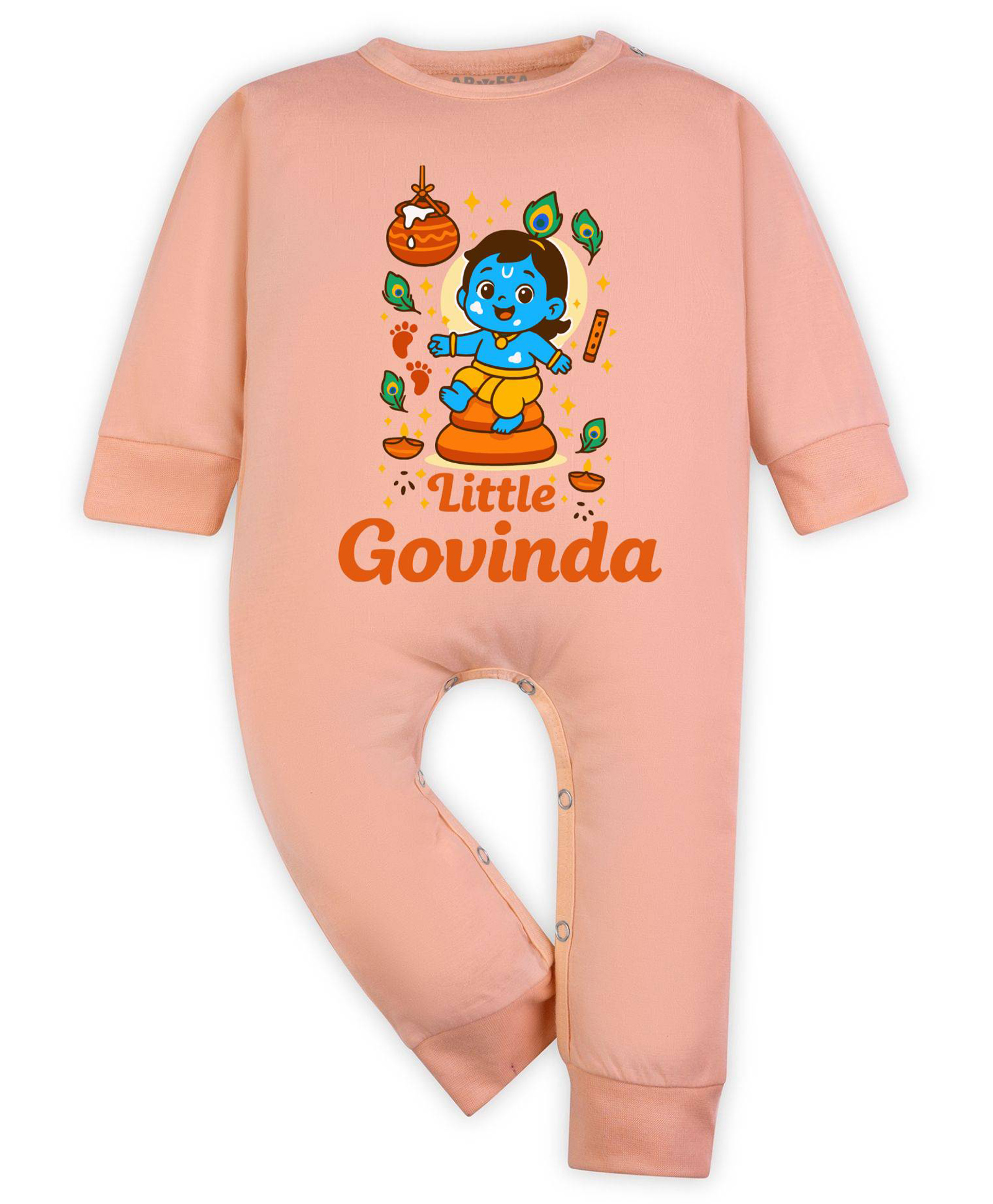 Arvesa Cotton Blend Knit Janmashtami Theme Full Sleeves Little Govinda Text Printed Romper - Peach-picture-25