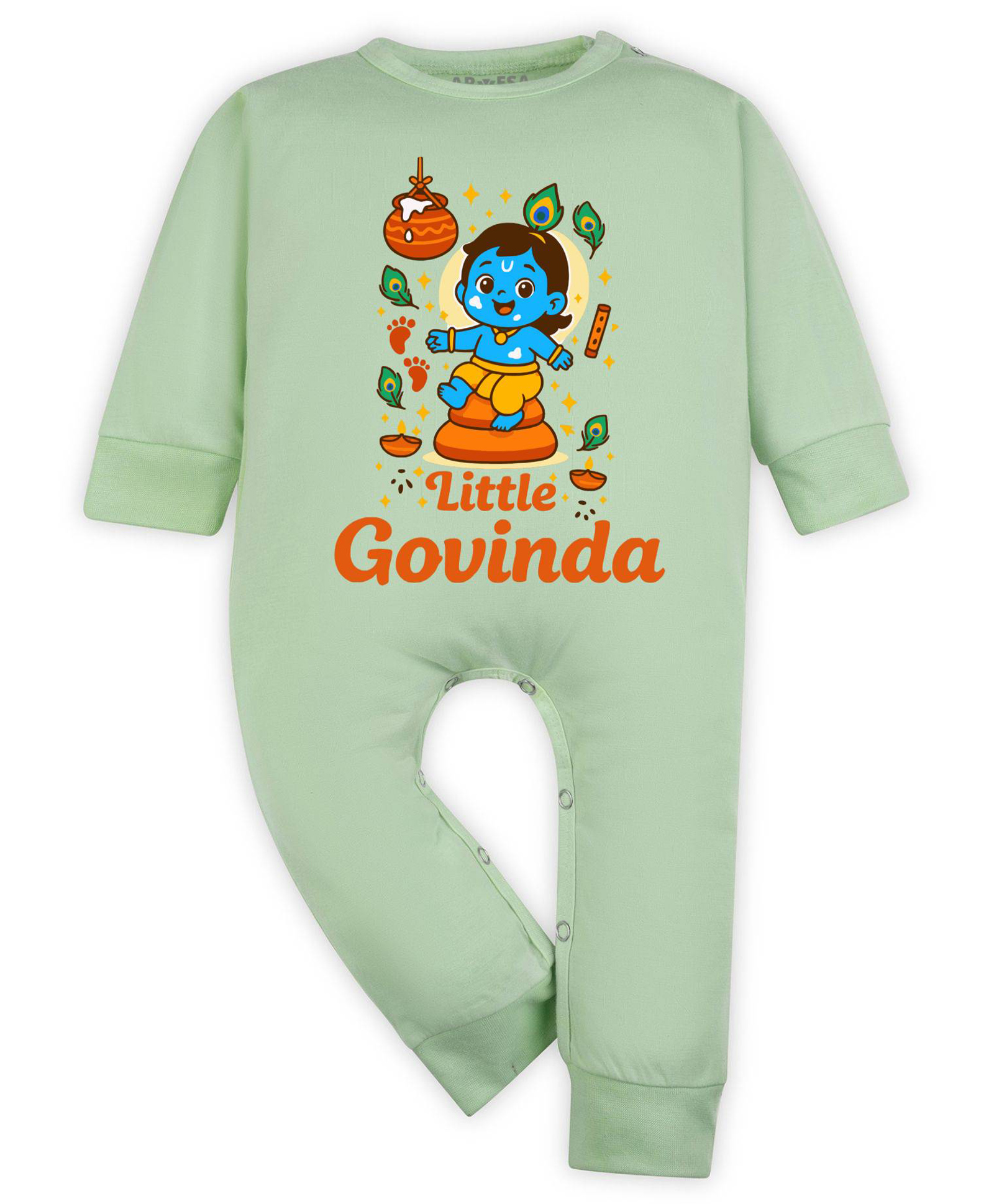 Arvesa Cotton Blend Knit Janmashtami Theme Full Sleeves Little Govinda Text Printed Romper - Green-picture-13