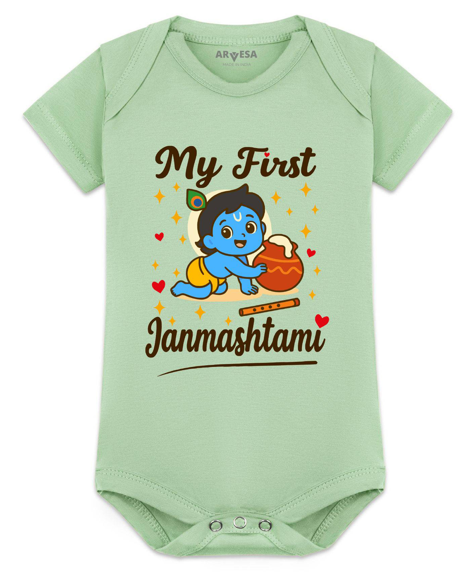 Arvesa Cotton Blend Knit Janmashtami Theme Half Sleeves My First Janmashtami Text Printed Onesie - Green-picture-14