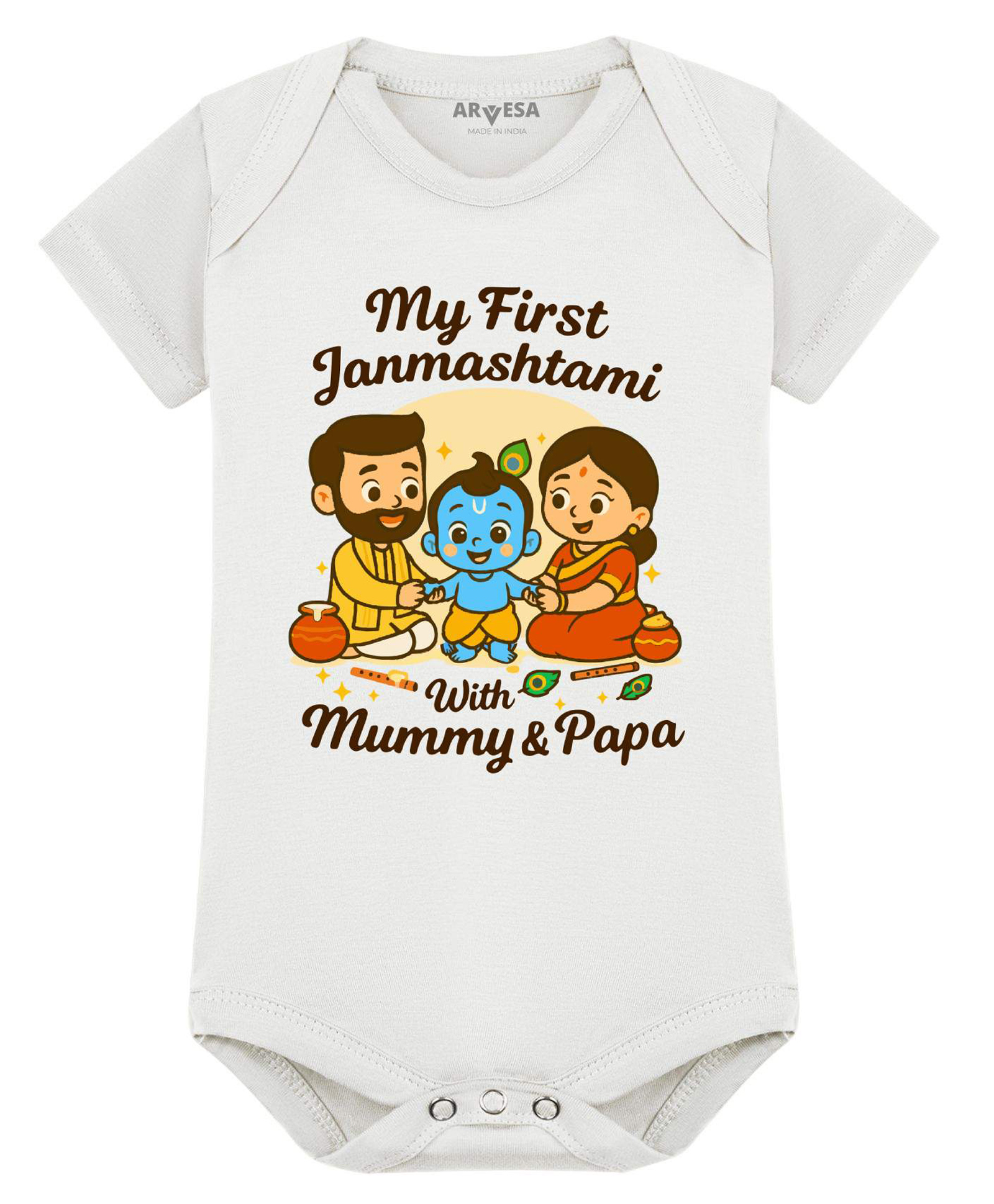 Arvesa Cotton Blend Knit Janmashtami Theme Half Sleeves My First Janmashtami With Mummy & Papa Text Printed Onesie - White-picture-32