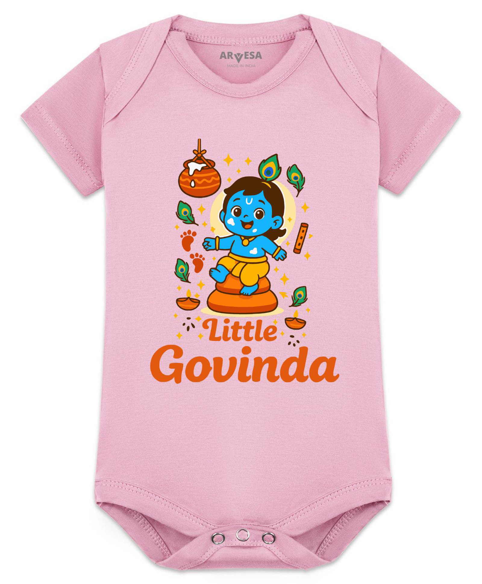 Arvesa Cotton Blend Knit Janmashtami Theme Half Sleeves Little Govinda Text Printed Onesie - Pink-picture-49