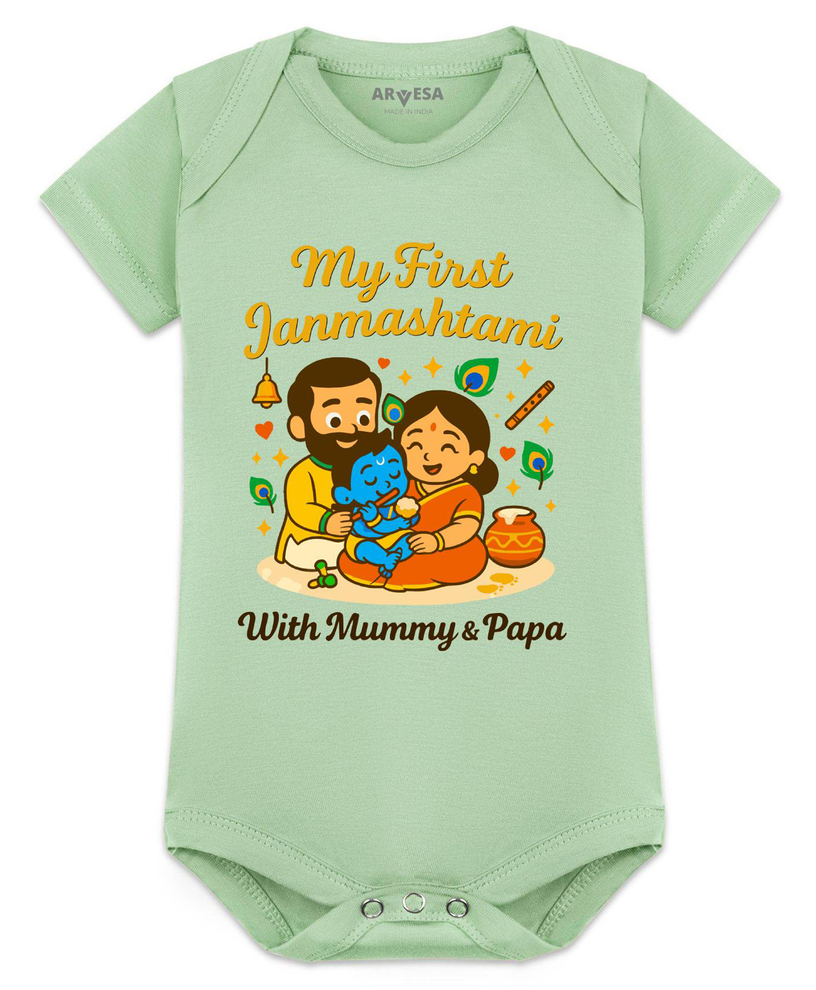 Arvesa Cotton Blend Knit Janmashtami Theme Half Sleeves My First Janmashtami With Mummy & Papa Text Printed Onesie - Green-picture-38