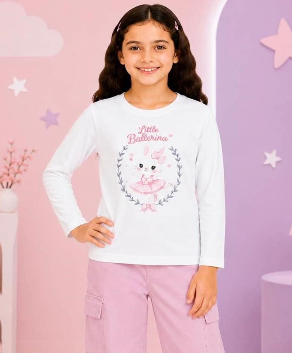 NUSYL Cotton Blend Knit Full Sleeves Bunny & Little Ballerina Text Printed Tee - White-picture-7