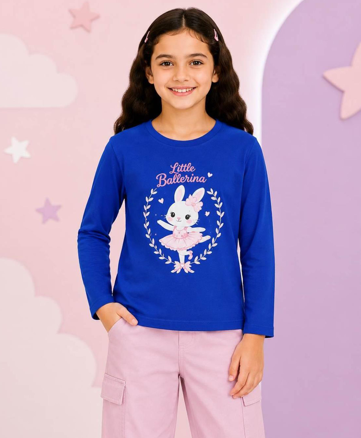 NUSYL Cotton Blend Knit Full Sleeves Bunny & Little Ballerina Text Printed Tee - Royal Blue-picture-10