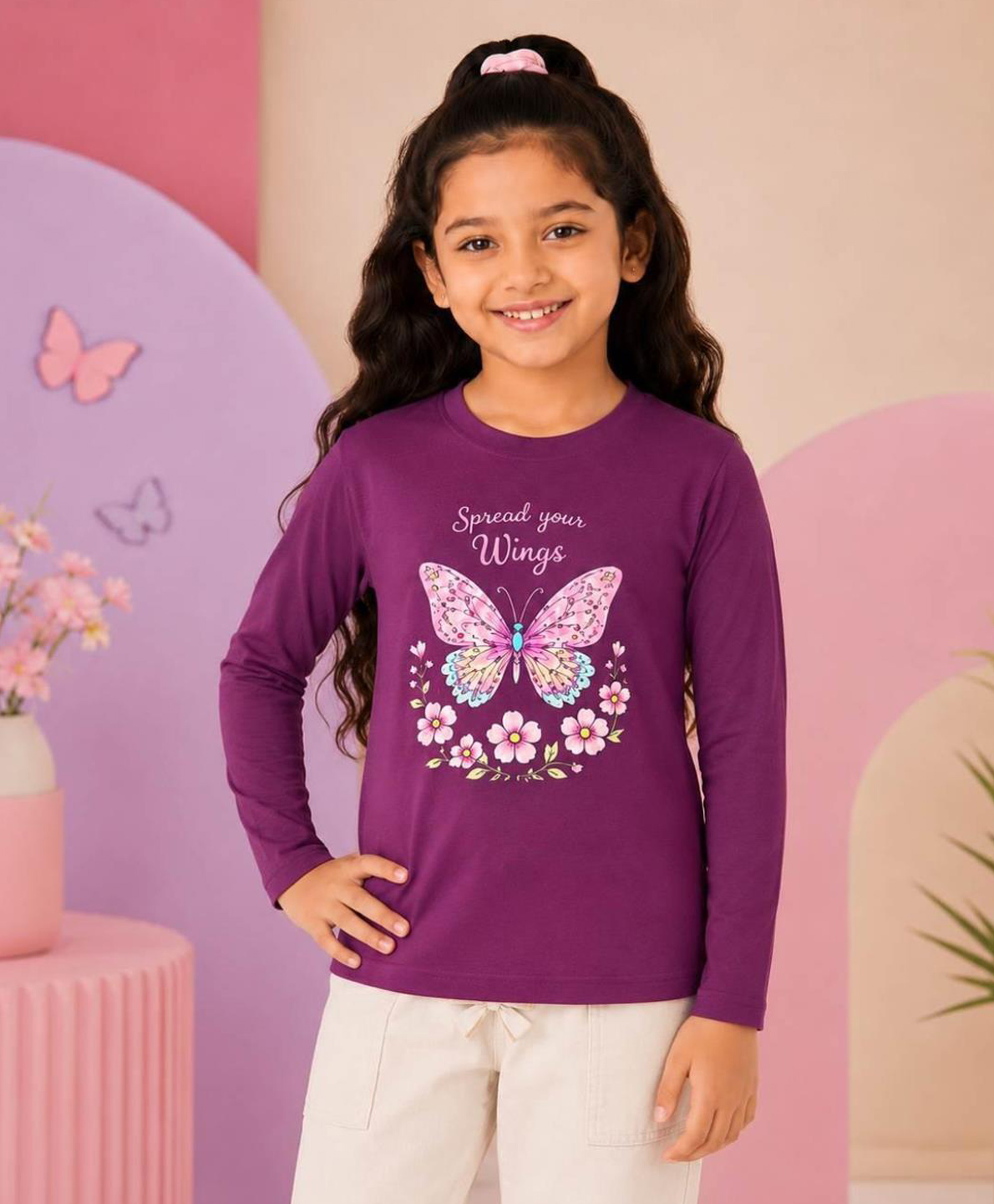 NUSYL Cotton Blend Knit Full Sleeves Butterfly Printed Tee - Wine-picture-5