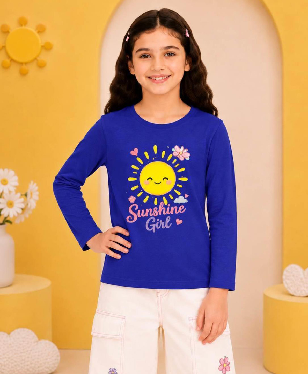 NUSYL Cotton Blend Knit Full Sleeves Sun Printed Tee - Royal Blye-picture-0