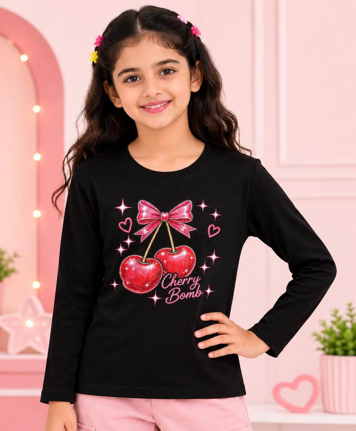 NUSYL Cotton Blend Knit Full Sleeves Cherries Printed Tee - Black-picture-11