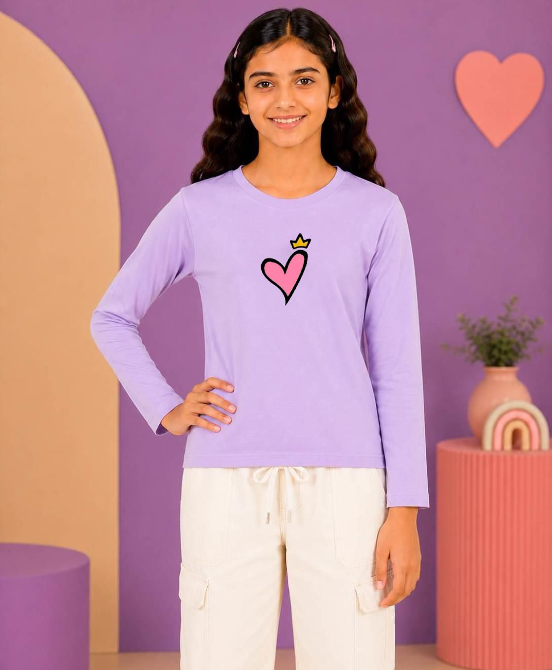 NUSYL Cotton Blend Knit Full Sleeves Royal Heart Printed Tee - Lilac-picture-6