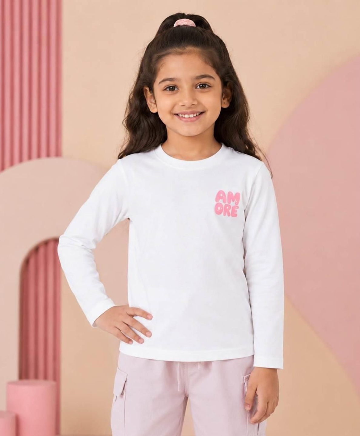 NUSYL Cotton Blend Knit Full Sleeves Amore Text Printed Tee - White-picture-8
