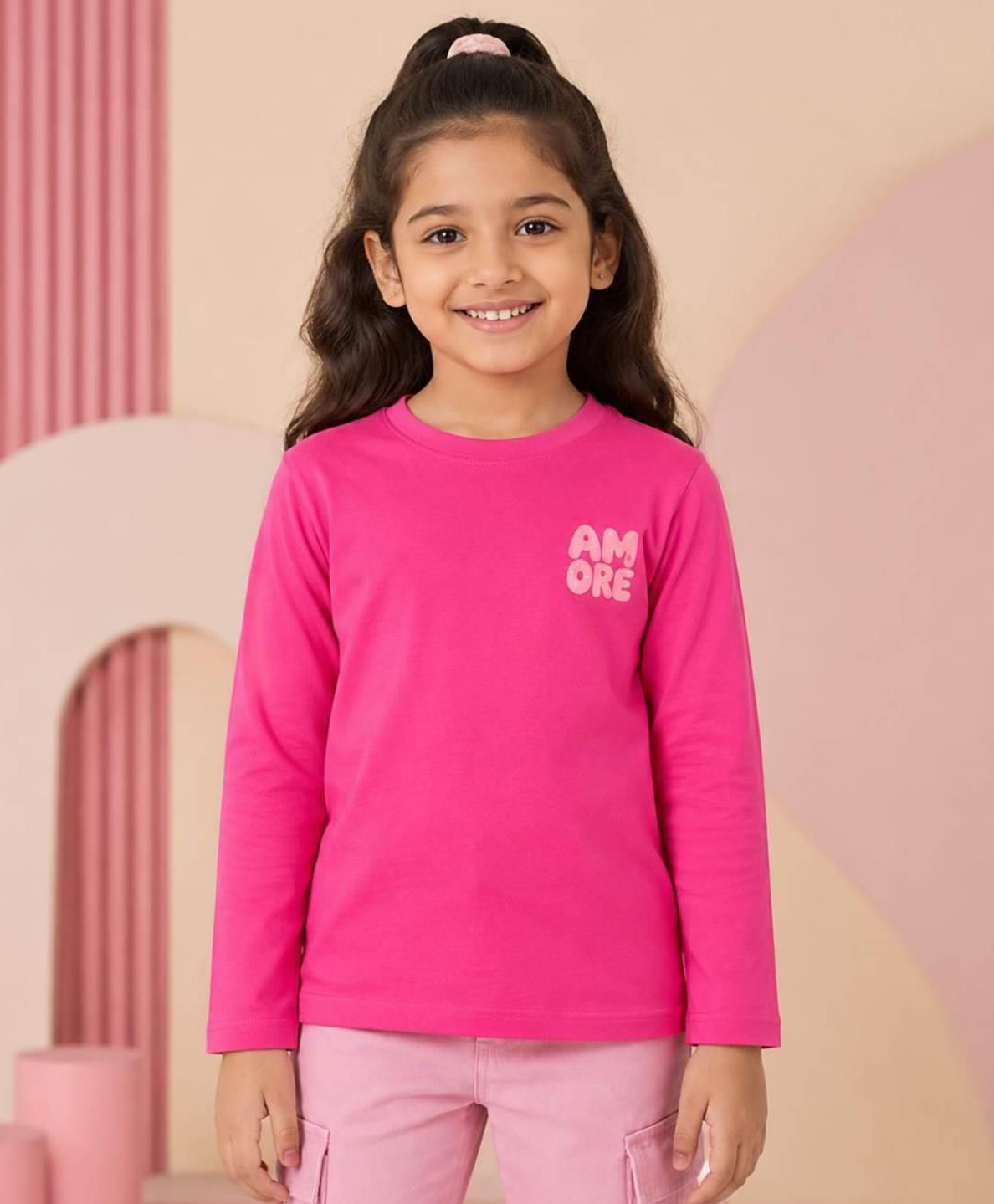 NUSYL Cotton Blend Knit Full Sleeves Amore Text Printed Tee - Dark Pink-picture-1