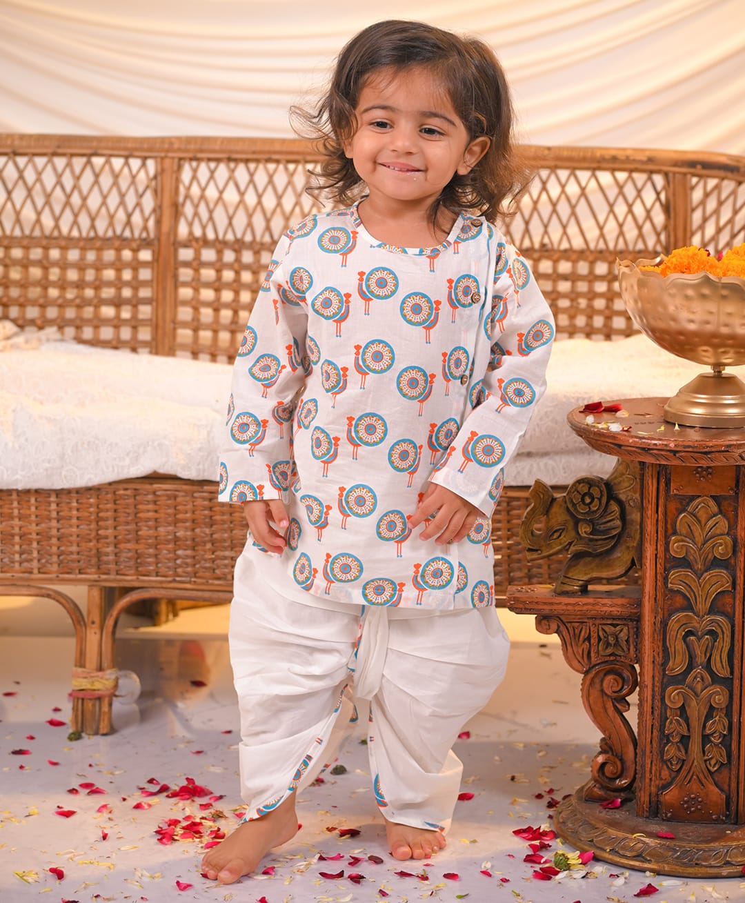 Polka Tots Cotton Woven Full Sleeves Peacock Printed Kurta & Dhoti Set - Multi Colour-picture-30