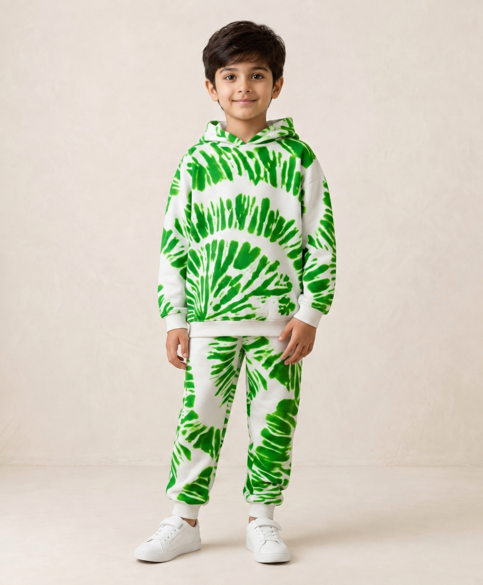 Anthrilo Fleece Knit Full Sleeves Tie & Dye Printed Coordinating Winter Hooded Sweatshirt & Joggers Set - Green-picture-49