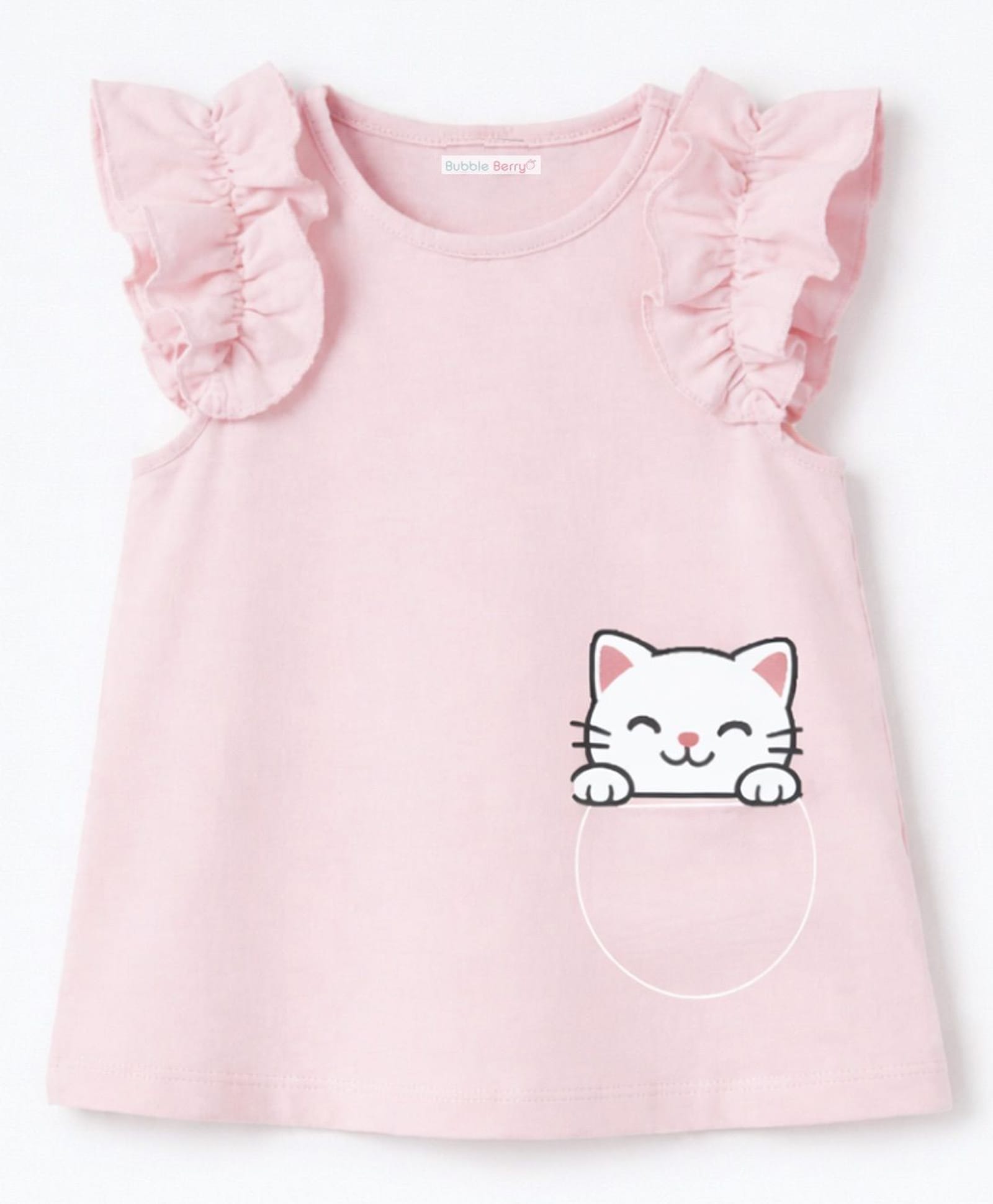 Bubble Berry Cotton Knit Sleeveless Frill Detailed & Kitten Printed Top - Light Pink-picture-33